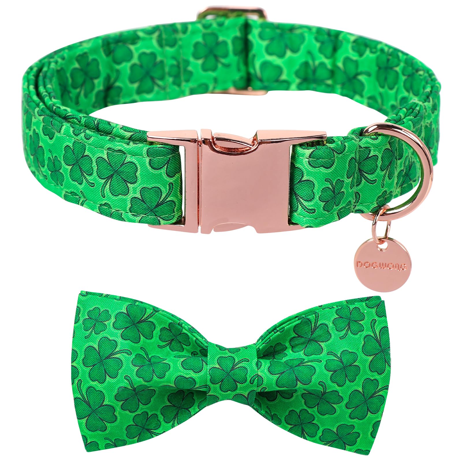 DOGWONG St. Patrick's Day Dog Collar-Cute Clovers Dog Collar with Bow, Cotton Trefoil Bowtie Dog Collars with Metal Buckle for Small Medium Large Dogs