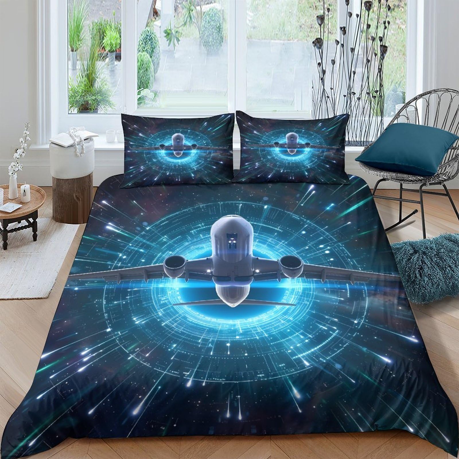 Ctjqhvkz Style-8 3D Printed Blue Futuristic Airplane Fitted Sheet Microfiber Soft Breathable Sci-Fi Tunnel Mattress Cover For Bedroom Dorm Decor Single（135X200cm）