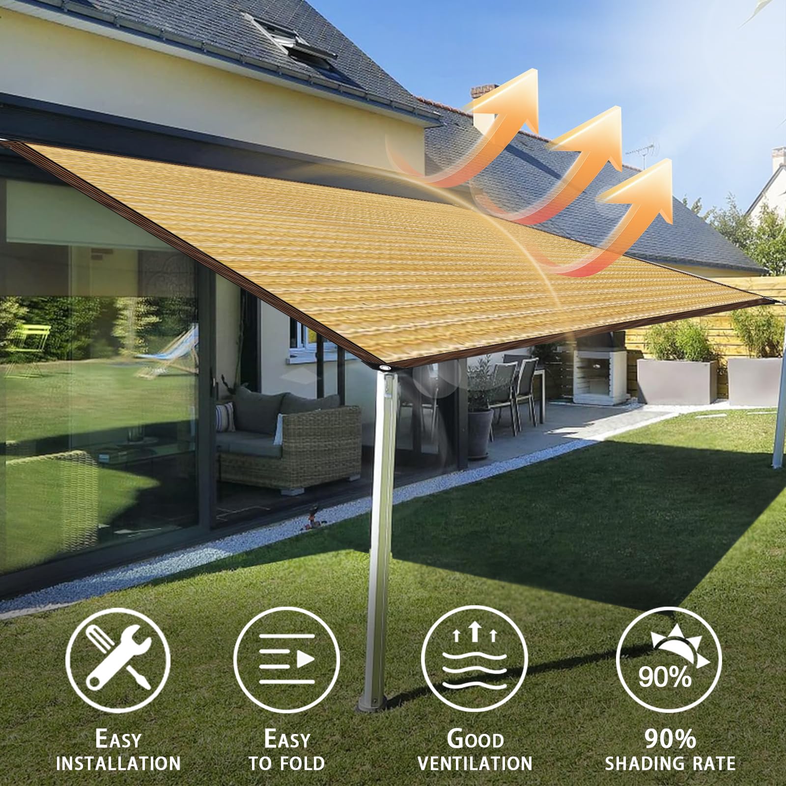 Tenda da sole rettangolare con occhielli, traspirante, rete di ombreggiatura per esterni, per casa, terrazza, giardino, piante, recinzione, canile, campeggio, beige