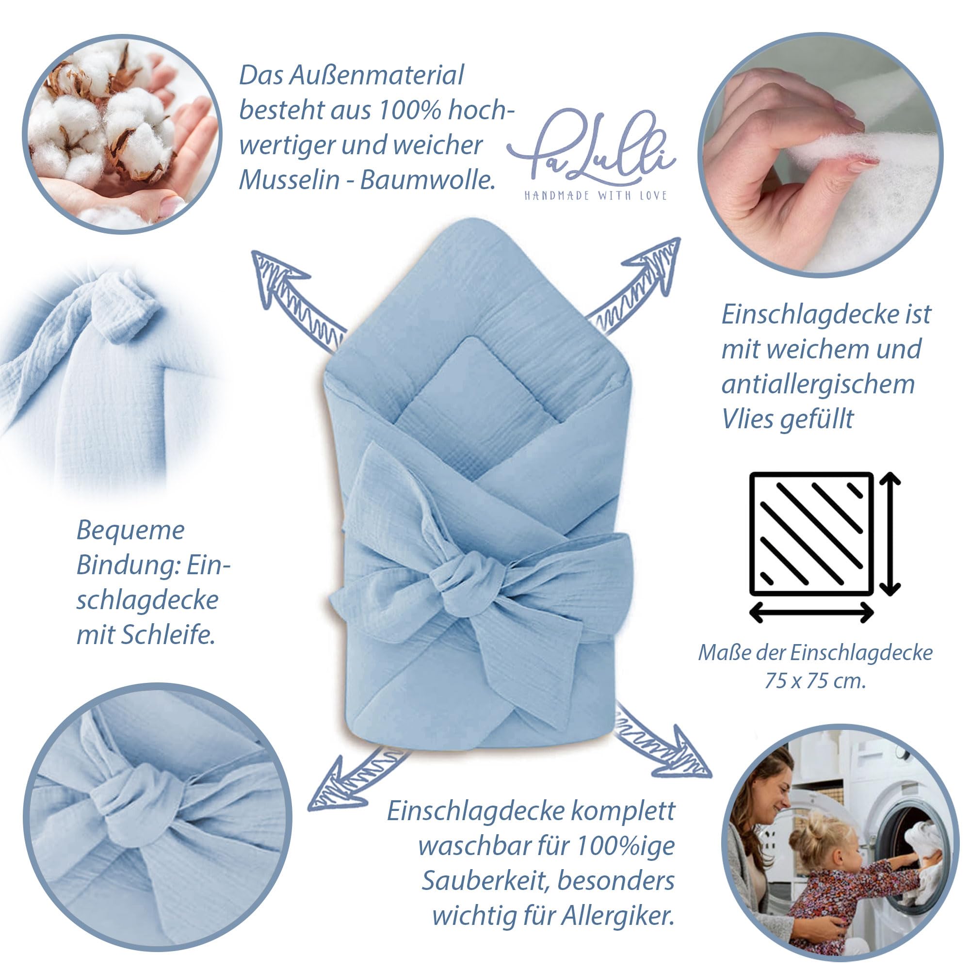 PaLulli Set 2 in 1 per neonati e coperta, 100% mussola, paracolpi per bambini, paracolpi per neonati, nido per bambini (blu)