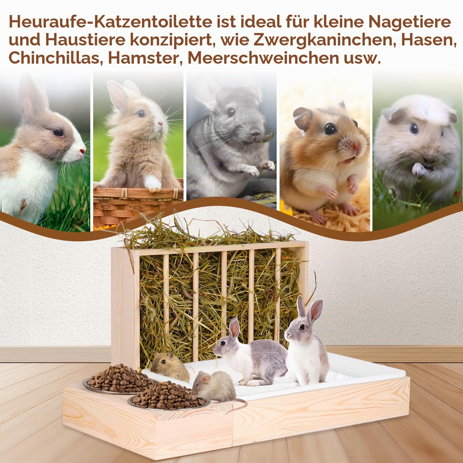 3 in 1 Heufutterstation für Kaninchen mit Katzentoilette und Futterschalen aus Holz für kleine Haustiere Heufutterstation Heufutterspender für Kaninchen Hamster Meerschweinchen