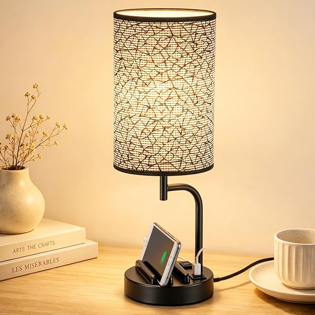 Dreamholder Contrôle du toucher USB Lampe de table avec USB C/A & AC Déplacement, 3-Way Lampe de chevet dimmable, Lampes modernes pour chambre à coucher, Bureau de chambre d'hôtes, Ampoule incluse, Miracle noir