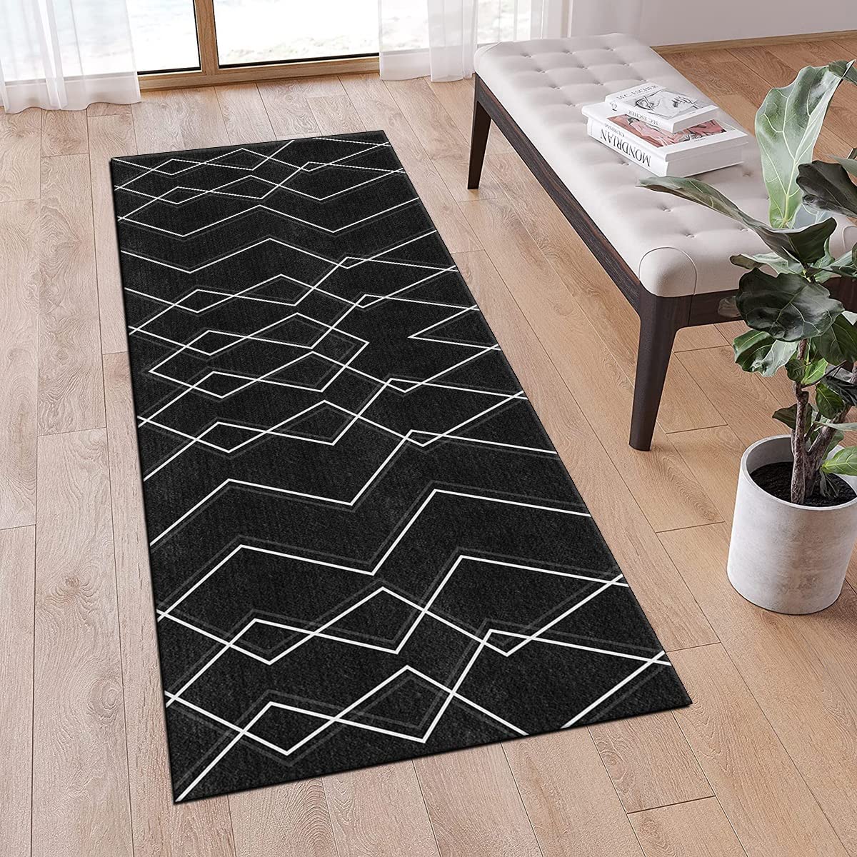 Teppich Läufer Flur Küche 70x250cm Küchenteppich rutschfest Schwarz Weiss Gestreift Waschbar Meterware Schlafzimmer Korridor Teppichläufer Lang, Länge Anpassbare, 40-120cm Breit
