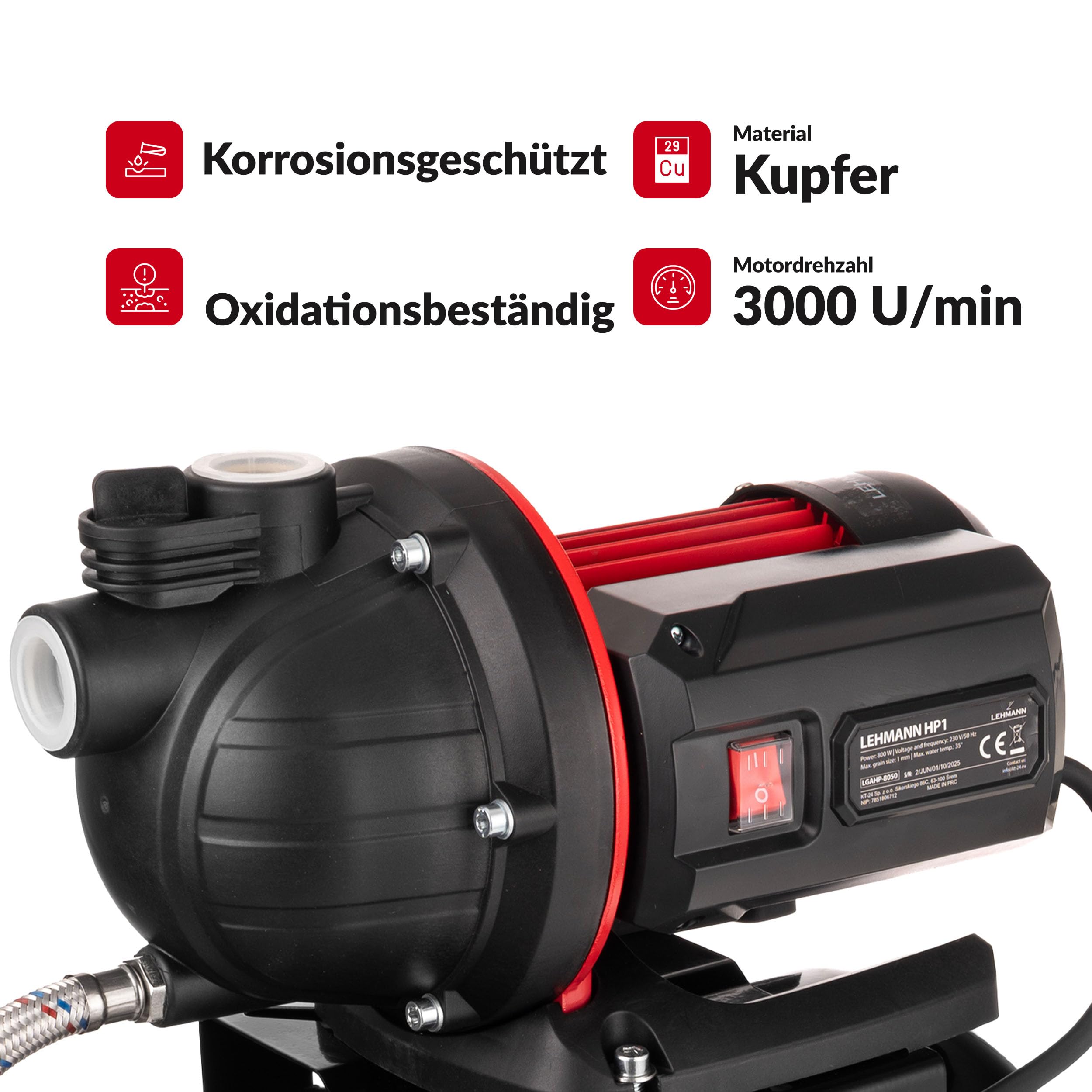 LEHMANN Hauswasserwerk HP1, 800 W, 5200 l/h, 19 L Edelstahldruckkessel, 43 m Förderhöhe, wartungsfreier Motor, selbstansaugend, Trockenlaufschutz, Überhitzungsschutz, Filter & Manometer, Schwarz