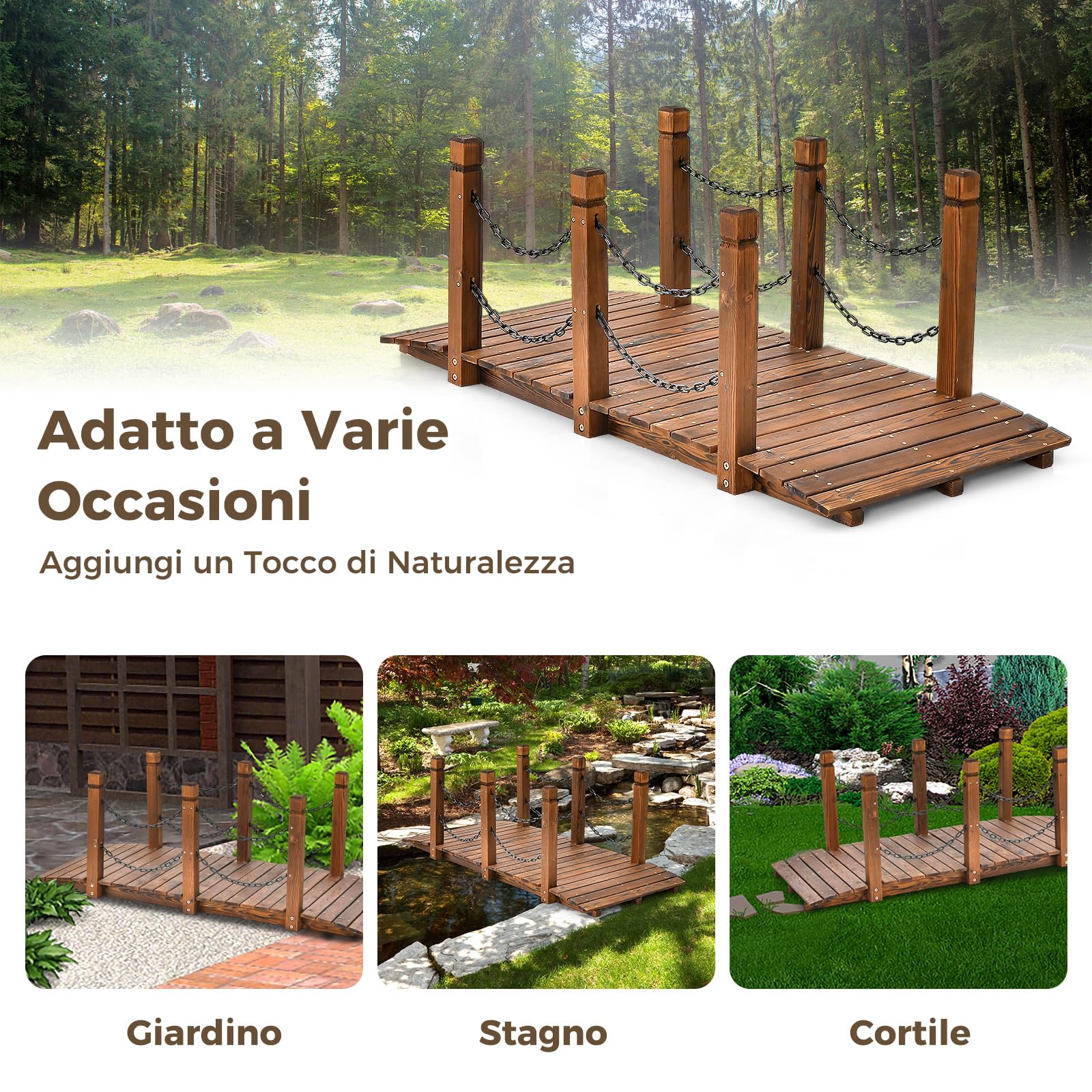 COSTWAY Ponte da Giardino in Legno, Ponte Decorativo con Finitura Tinta e Catena di Sicurezza, Ponte ad Arco in Legno per Giardino, Patio, Cortile e Fattoria, Carico 80 kg
