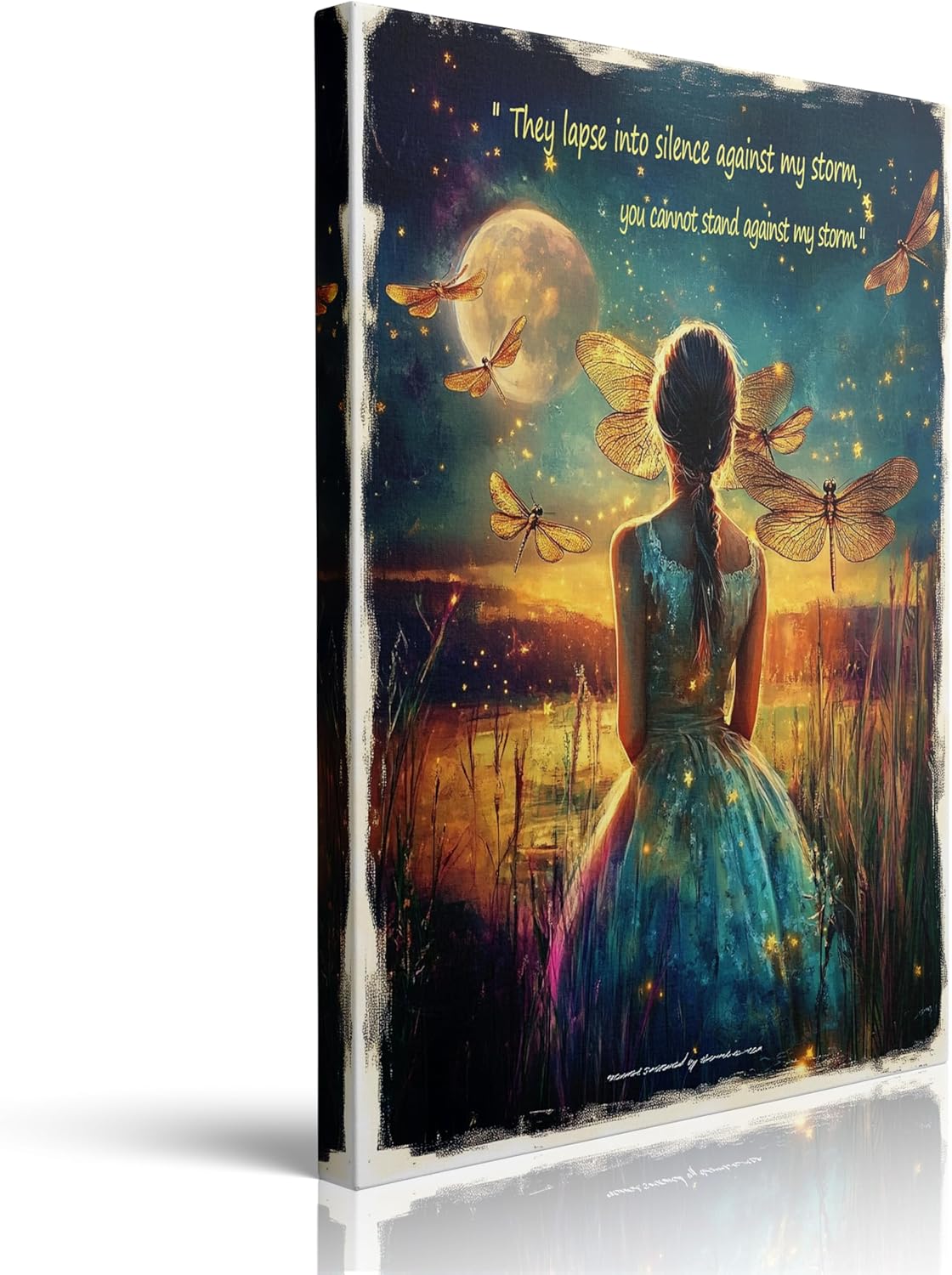 Framed Cool Dragonfly Girl Girly Inspirational Quote Canvas Wall Art, Fantasy Night Scene with Moon and Stars Motivational Lady Artwork Print Home Decor Ready to Hang (12"x16")