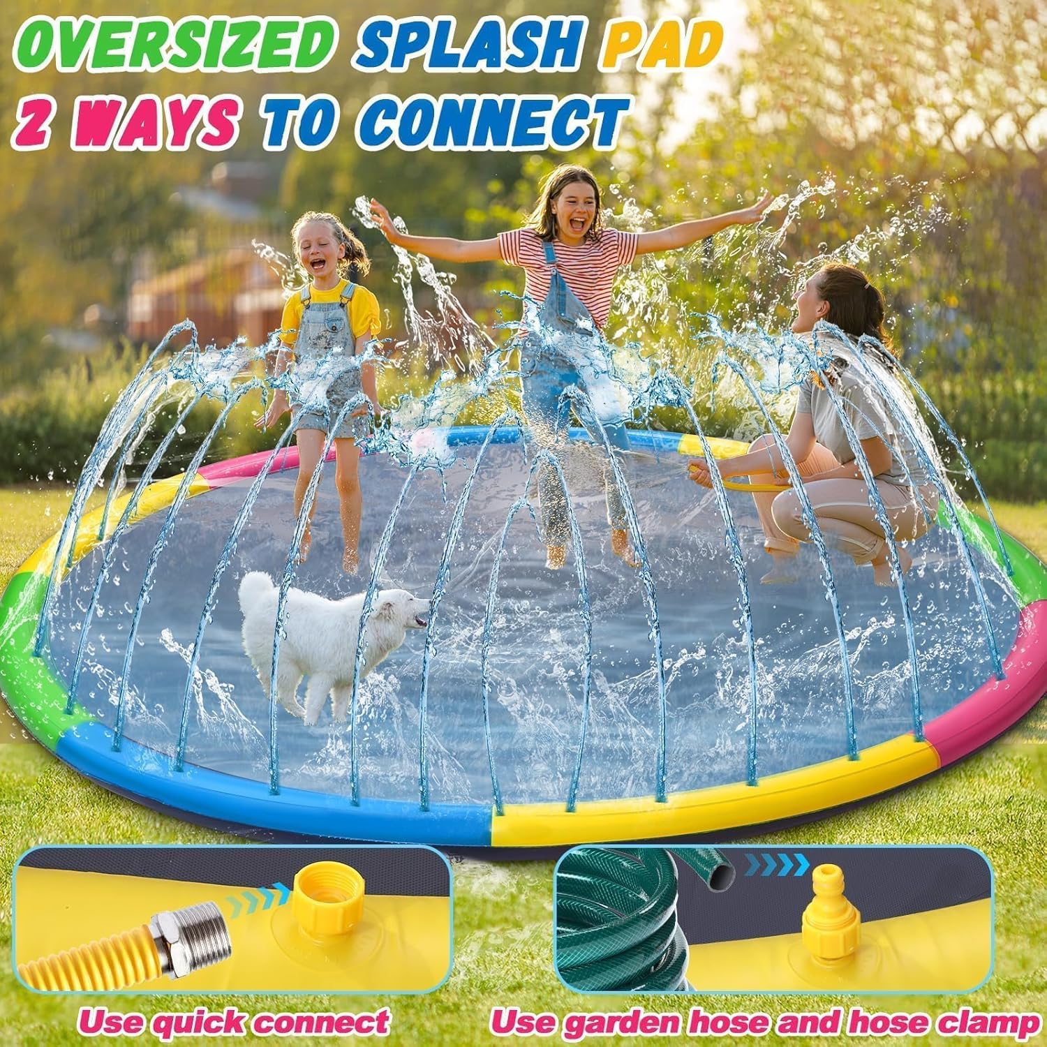 15 ft Giant Inflatable Splash Pad Extra Large 180" 2025 Update Non Slip Pad for Adults Large Dogs Pets Giant Thicken Sprinkler Pool Summer Outdoor Fun Backyard Fountain Play Mat (Bright Style)
