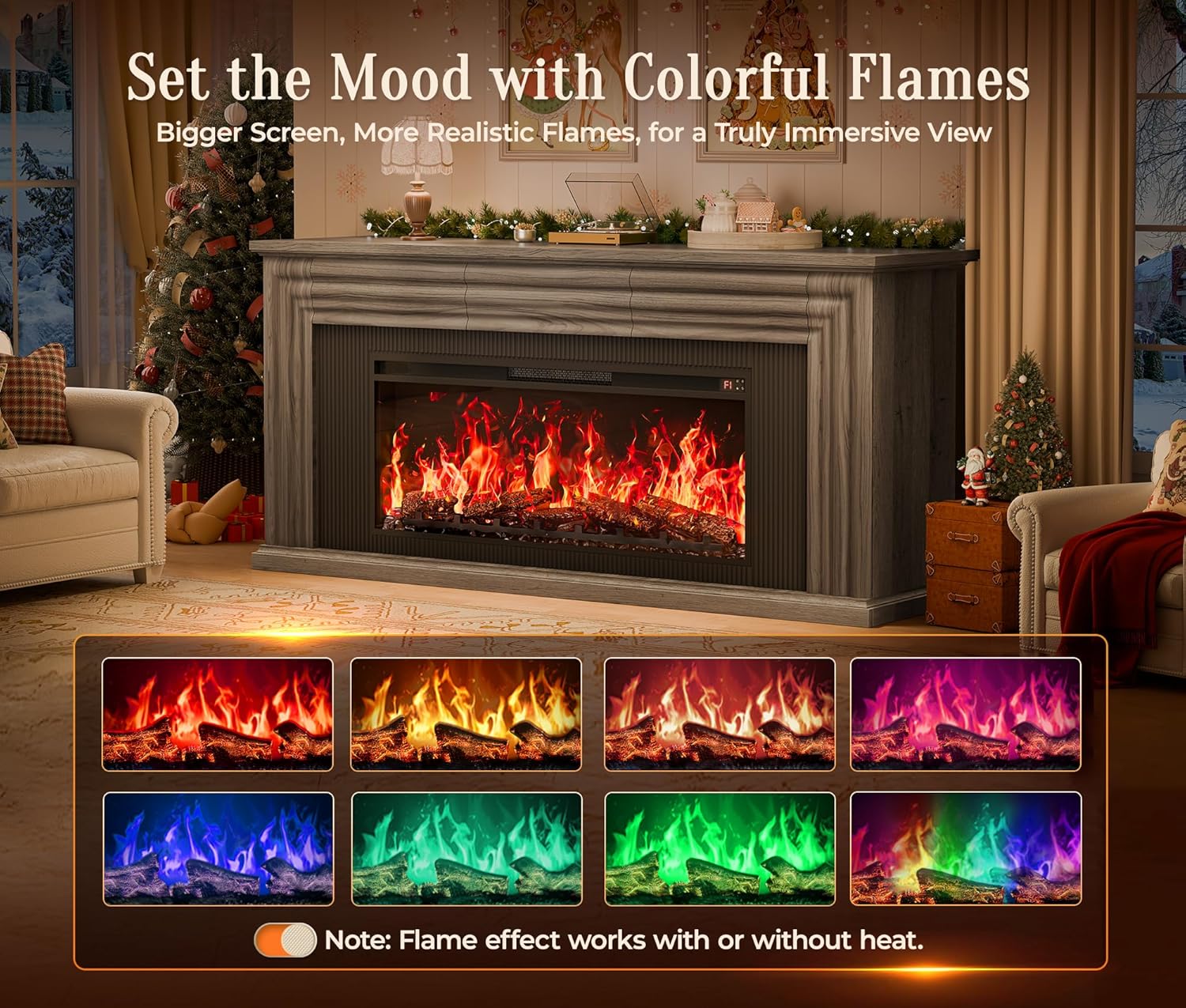 PRAISUN 70'' Fireplace TV Stand with 42'' Electric Fireplace, Farmhouse TV Stand for 65 75 Inch TV, Entertainment Center TV Console with 3 Drawers, Fluted Design, for Living Room, Gray Oak Grey Oak