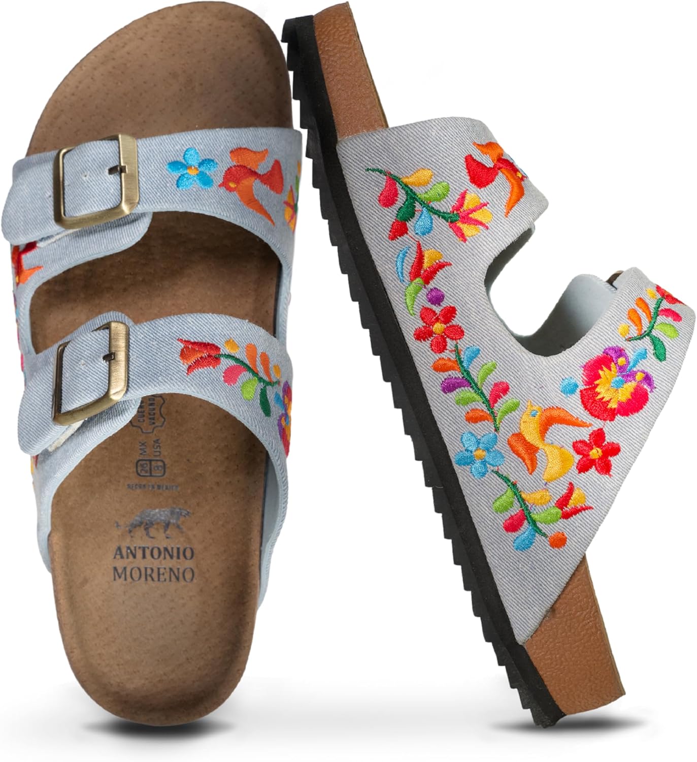 ANTONIO MORENO Women Sandals (Denim)- Fashion Ladies Sandals with Cork Footbed, Handcrafted Slides for Woman with Flexible EVA Sole, Open-toe Women Slides – 2 Straps with Adjustable Buckle
