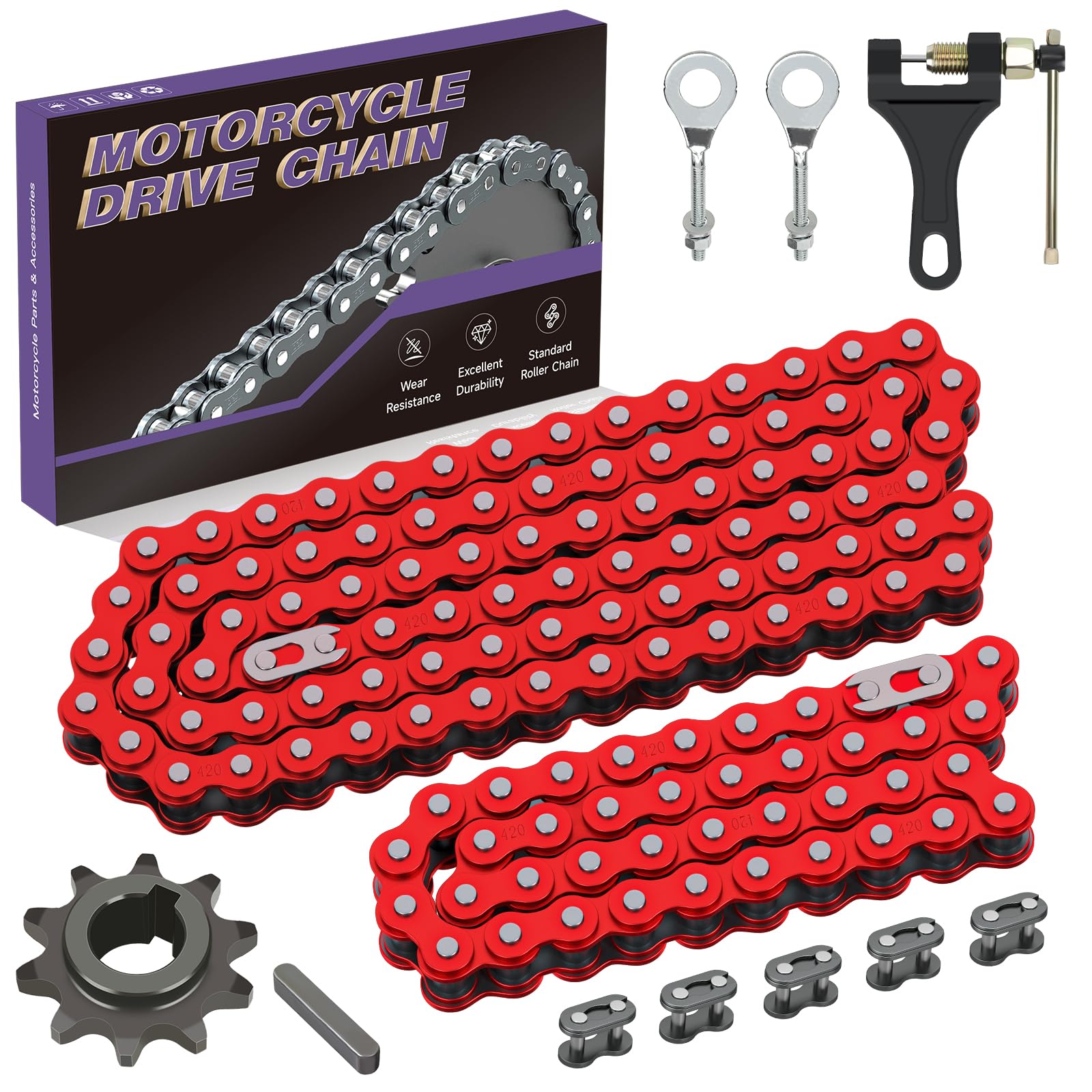 CILOYU 420 Chain 42 and 90 Links Kits Replacement for Coleman Mini Bike BT200X CT200U CT200U-EX Baja Warrior Massimo MB200 MB165 196cc Predator 212cc 200cc 6.5hp Parts Red with Mini Bike Sprocket 10T