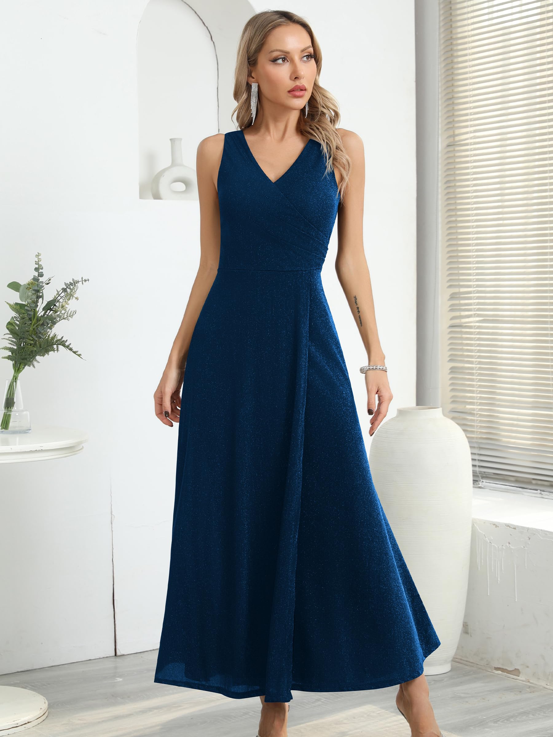 Missufe Elegancka sukienka kopertowa, wieczorowa, koktajlowa, balowa, długa, na wesele, odświętna, dekolt w serek, sukienka z rozcięciem