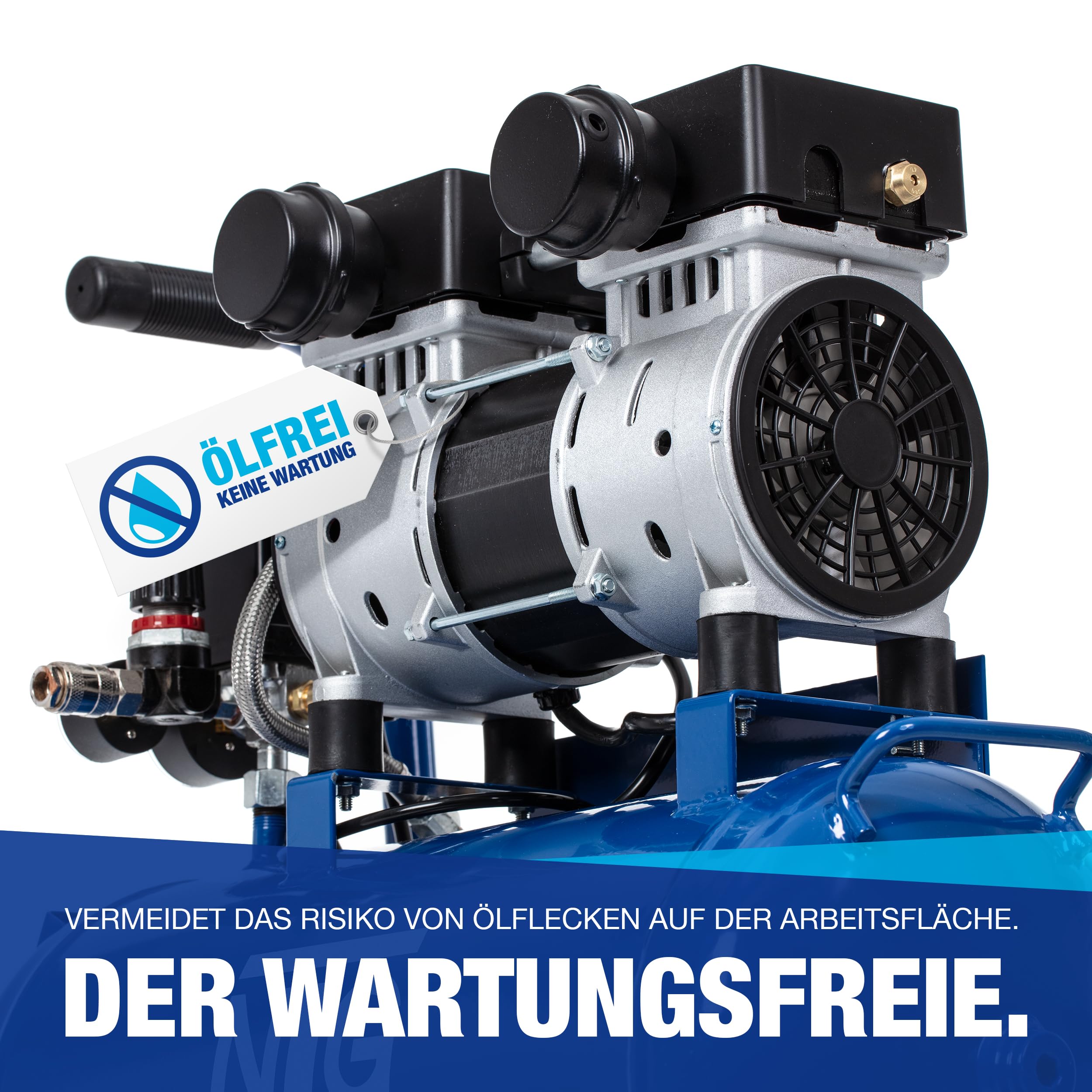NTG Silent Druckluft Kompressor 1470W Starke Leistung 24 Liter Tank 9 Bar Ölfrei | besonders leise und flexibel einsetzbar mit 2 x Manometer und Druckregler