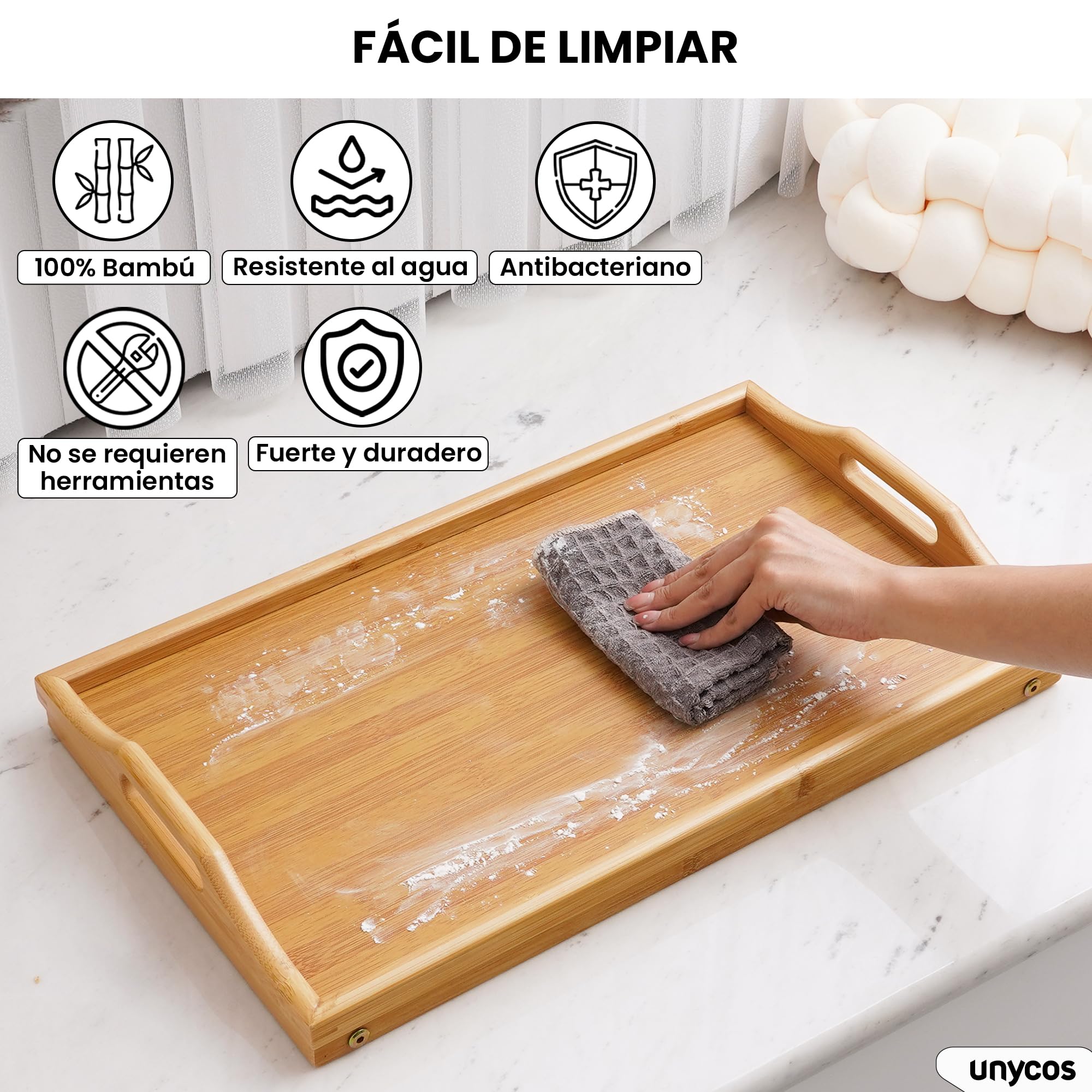 unycos - Bandeja para Cama de Bambú, Mesa Plegable Natural de Desayuno con Borde Alto, Auxiliar para Ordenador Portátil, Ideal para Trabajar, Leer o Comer en la Cama 50x30x22,3 cm (Mesa de Almuerzo)
