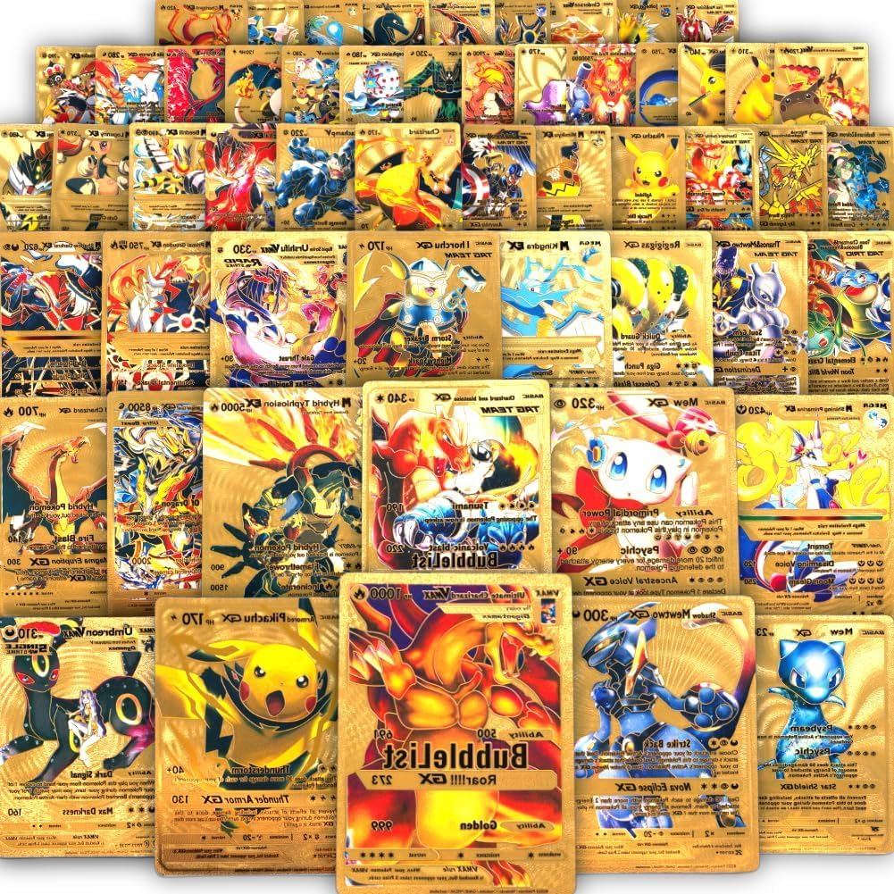 Pocket Card 55 PCS Ultra Rare Gold Cards Vmax DX GX Rare Golden Cards (Holds 50+ Magical Trainer Cards) with Gold Foil Card for Fans/Collectors Gifts A5