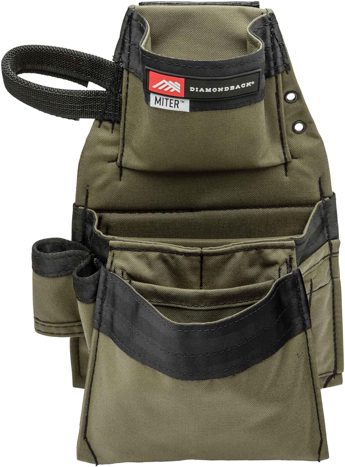 The Diamondback Miter Tool Pouch - Clip-On Tool Belt Pouch with 3 Pockets, 7 Slots, & 3 Loops- Lightweight - Durable Tool Pouch with Belt Clip 15.25"x10.25", 1 lb (Ranger Green)