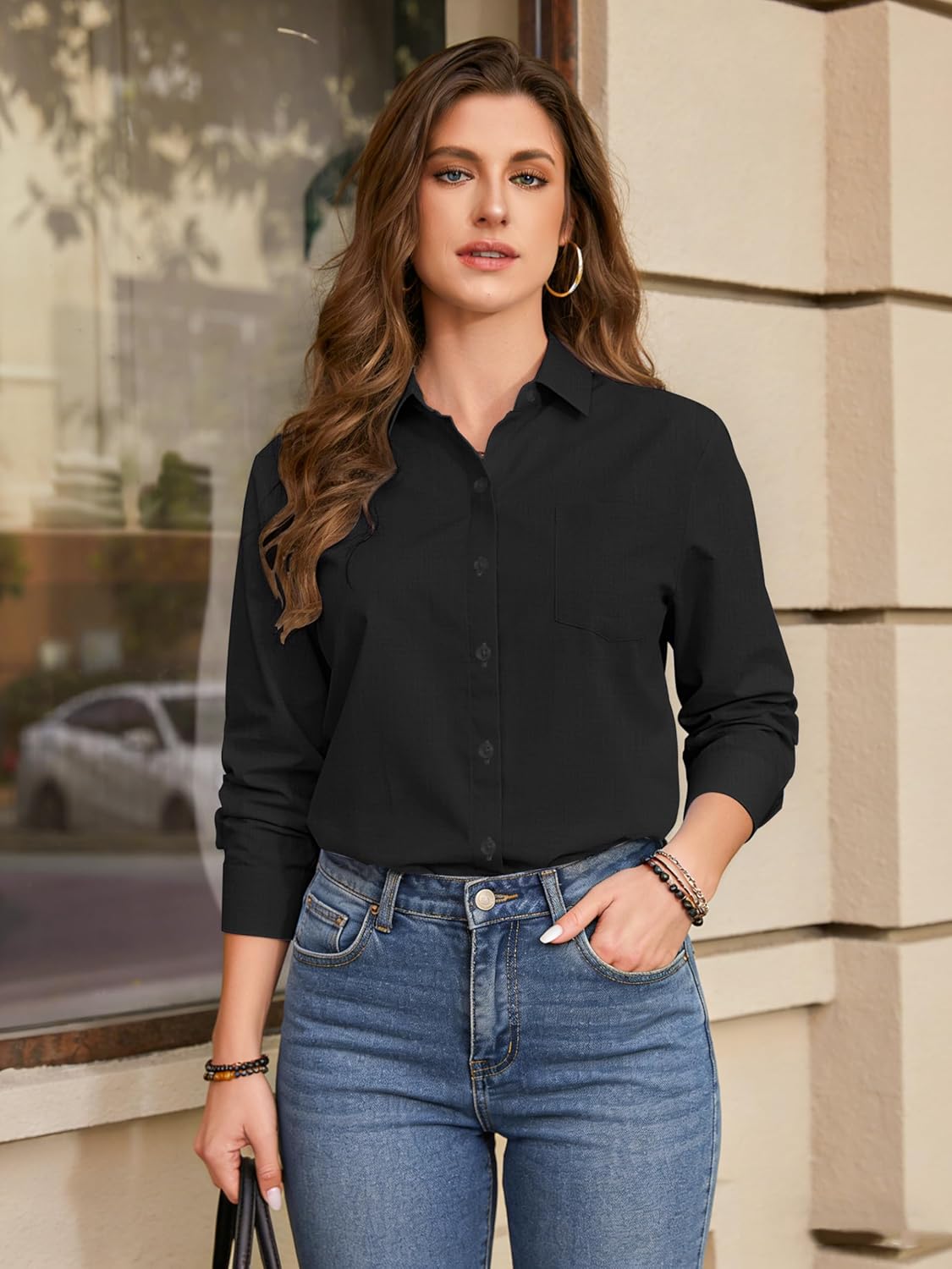 Womens Cotton Linen Shirt Long Sleeve Button Down Collared Blouses Casual Gauze Tops with Pocket - Image 3