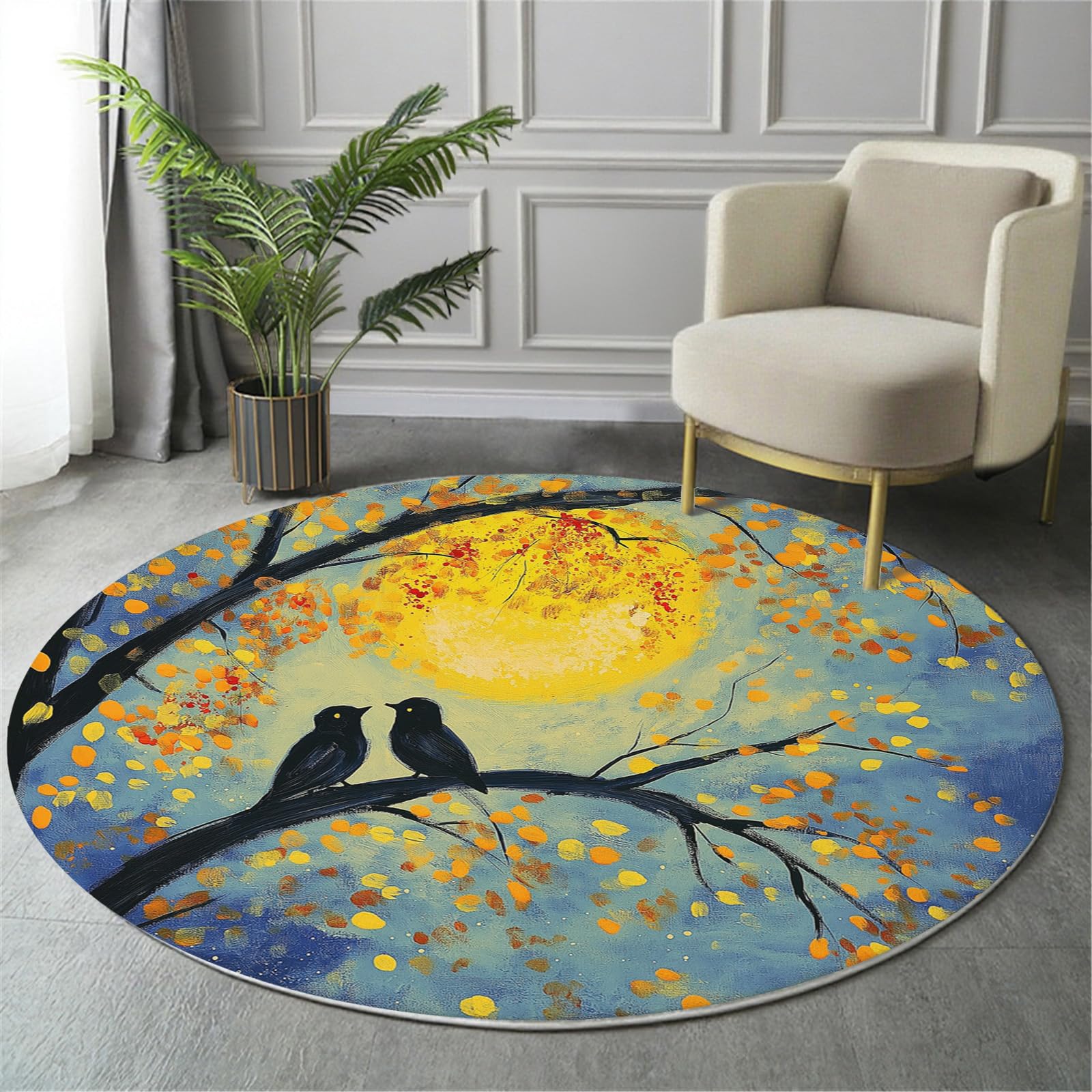 Moquette chambre adulte jaune et tapis rond 200cm antidérapant oiseaux
