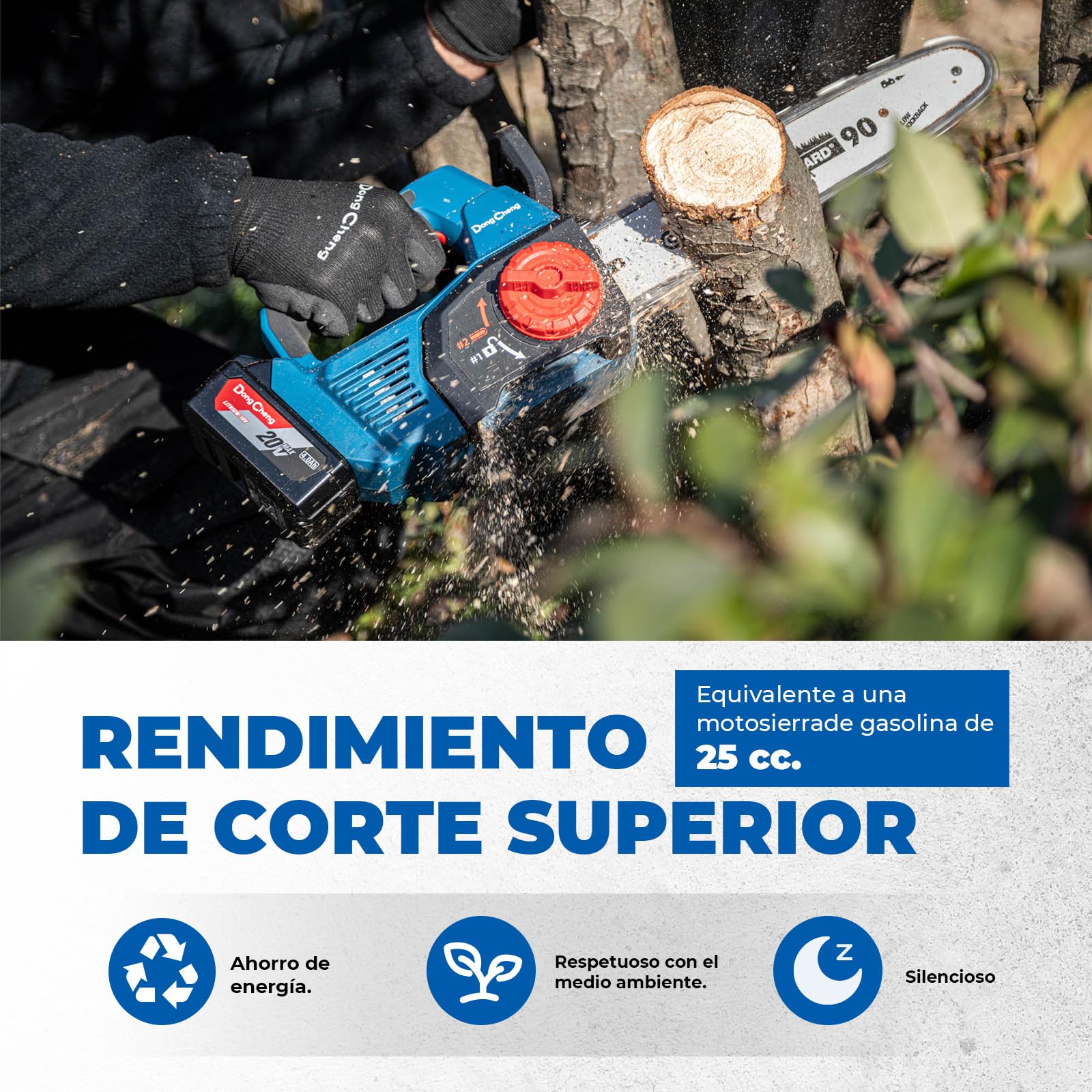 DongCheng Motosierra a batería 20V, motor sin escobillas, 12 m/s, espada OREGON 30cm, 2x4,0Ah. Tensor sin herramientas, lubricación automática, 2kg (sin batería). Jardín, leña, poda