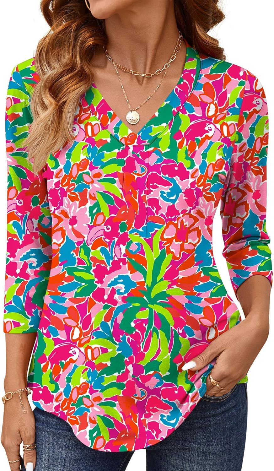 AKEWEI 3/4 Length Sleeve Womens Tops V Neck T Shirts Dressy Casual Pleated Spring Fashion 2026 Work Blouses - Image 2