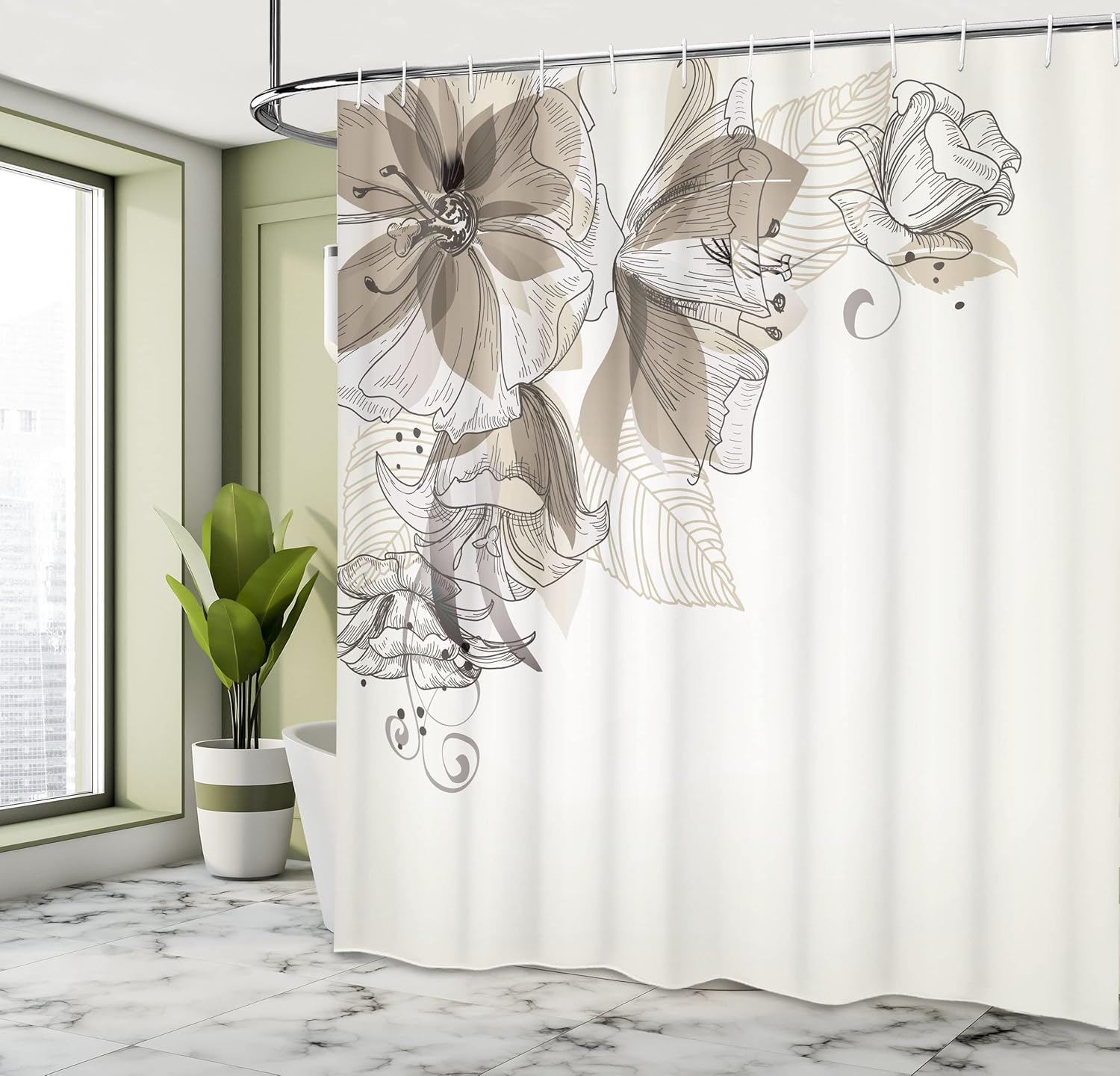 Ambesonne Flowers Shower Curtain Romantic Retro Buds Leaf Season Celebrating Theme Home Decor Graphic Washable Fabric Set with Hooks Decorative for Bathroom Powder Room 69" W x 70" L Umber and White