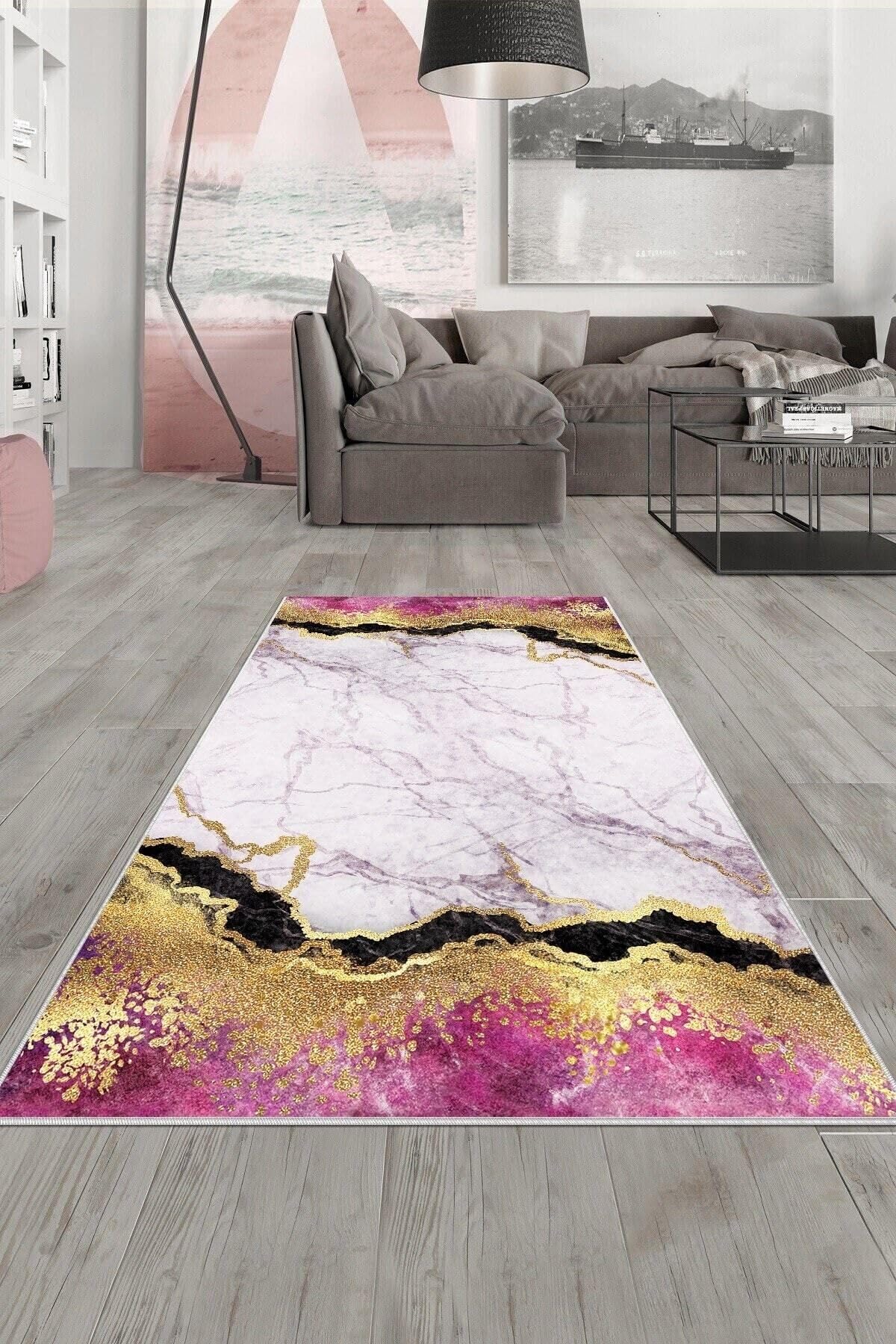 Pelangi Pembe Beyaz Mermer Gold Işleme Yıkanabilir Kaymaz Taban Leke Tutmaz Modern Salon Halısı Ve Yolluk, Pembe 100 x 200, 1358071100200728