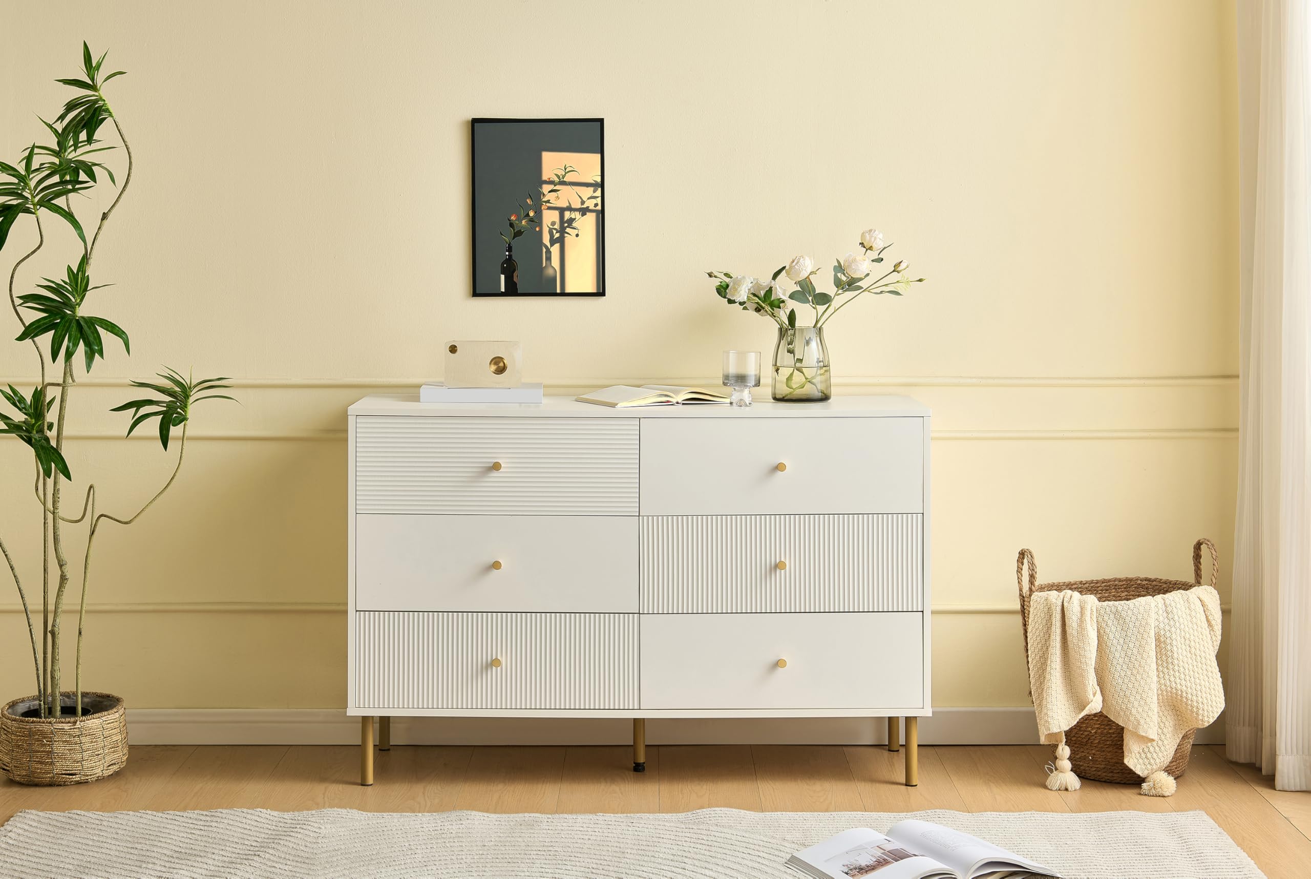 BTM Modernes 6-Schubladen-Kommode, Weiße Aufbewahrungs-Kommode mit Zinklegierung-Griffen & Stahlbeinen, 120×40×78cm MDF-Schrank für Schlafzimmer, Wohnzimmer, Eingangsbereich