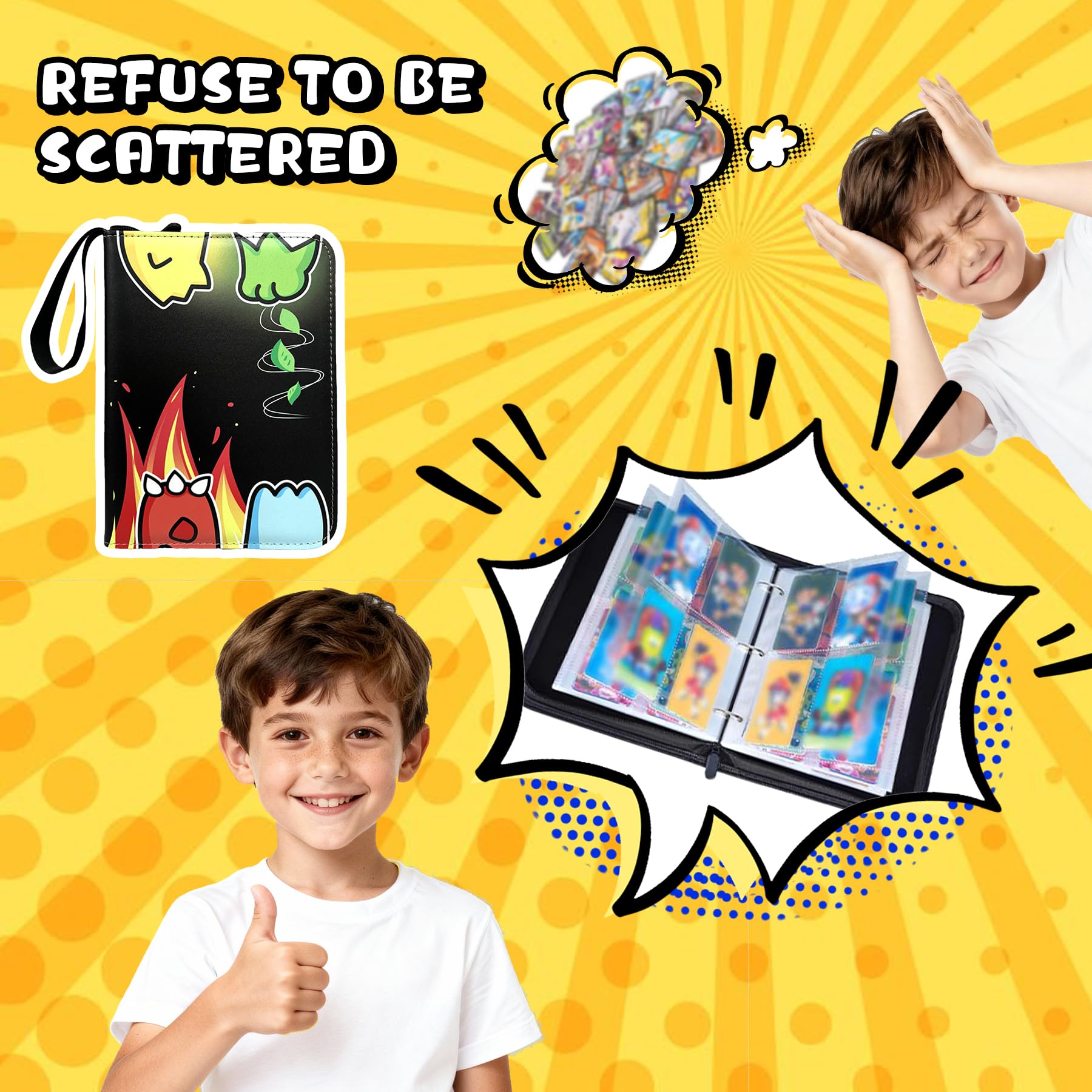 Raccoglitore Carte 400, Album Carte Collezionabili 4 Tasche 50 Pagine Capacità 400 Carte, Album Porta Carte con Cerniera, PU Raccoglitore Impermeabile, Regalo per Collezionisti e Bambini (B)