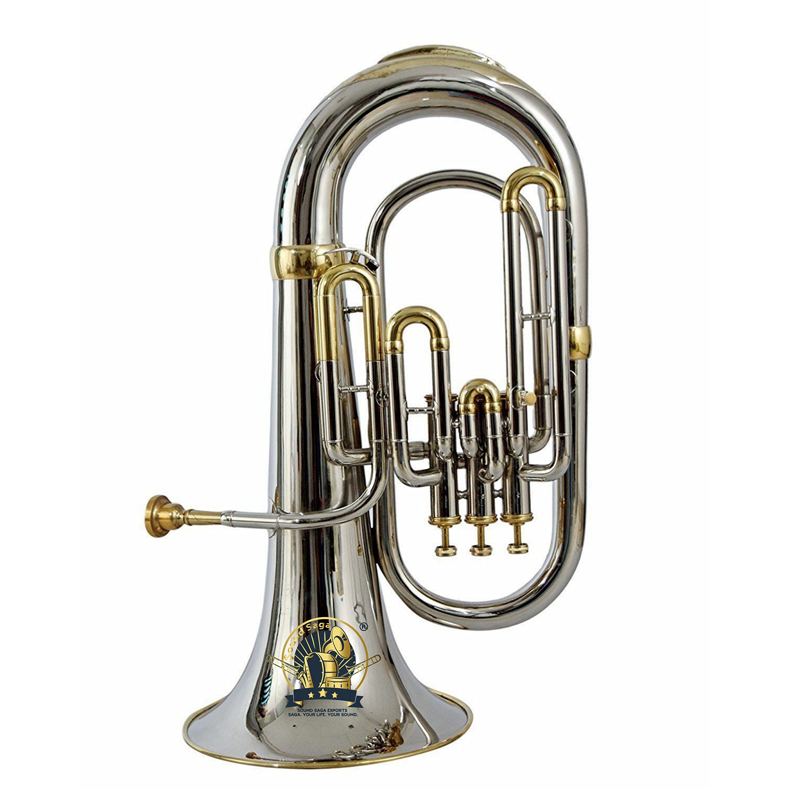 SOUND SAGA® Special Design BB Euphonium 3 Valve New Variations Color With All Accessories Including Mouthpiece & Case. (SILVER GOLD)