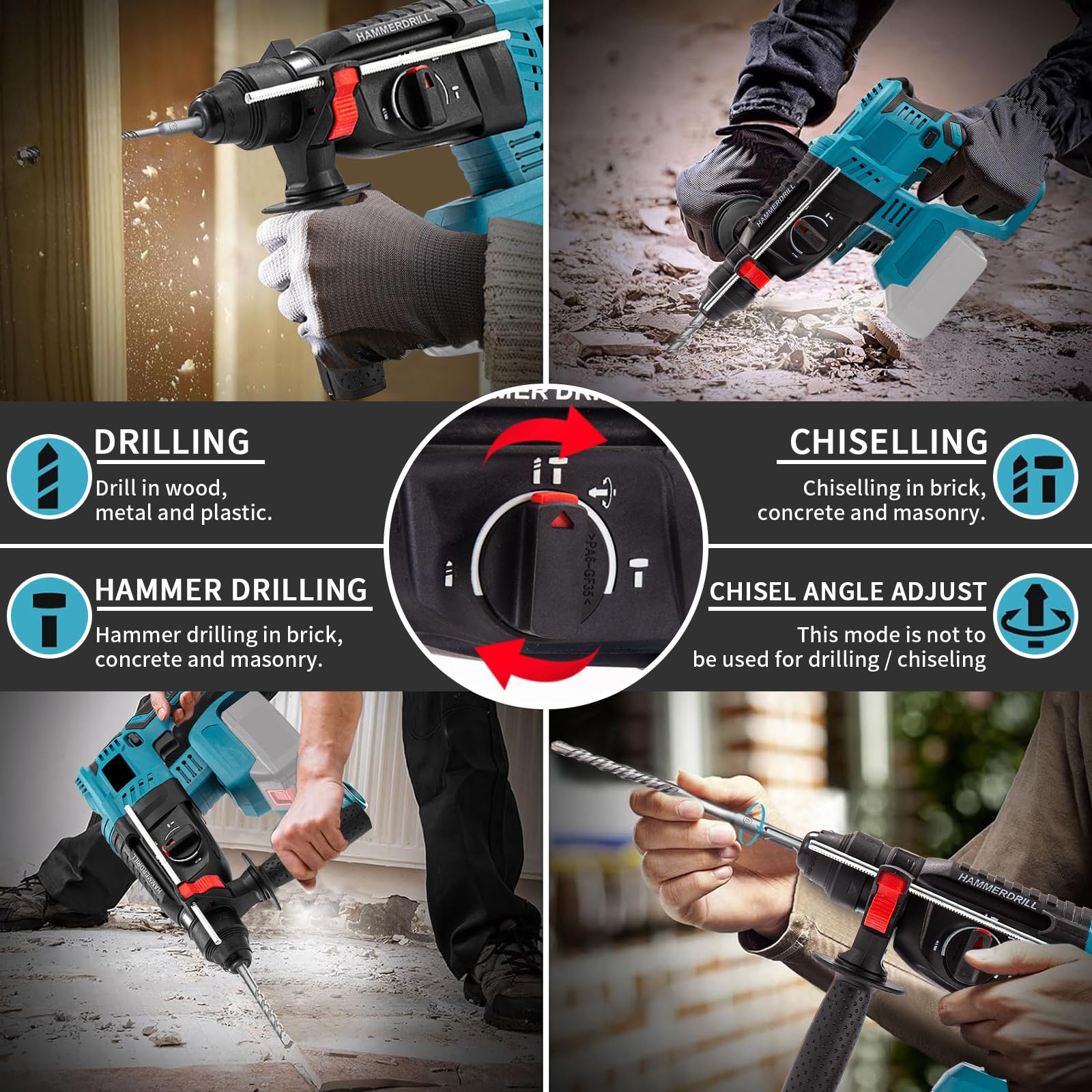Professional 18V System Akku Bohrhammer,Kompatibel mit Makita Akku 18V mit 10 Stück Bohrer, Anti-Vibrationsgriff und Sicherheitskupplung (ohne Akkus und Ladegerät)