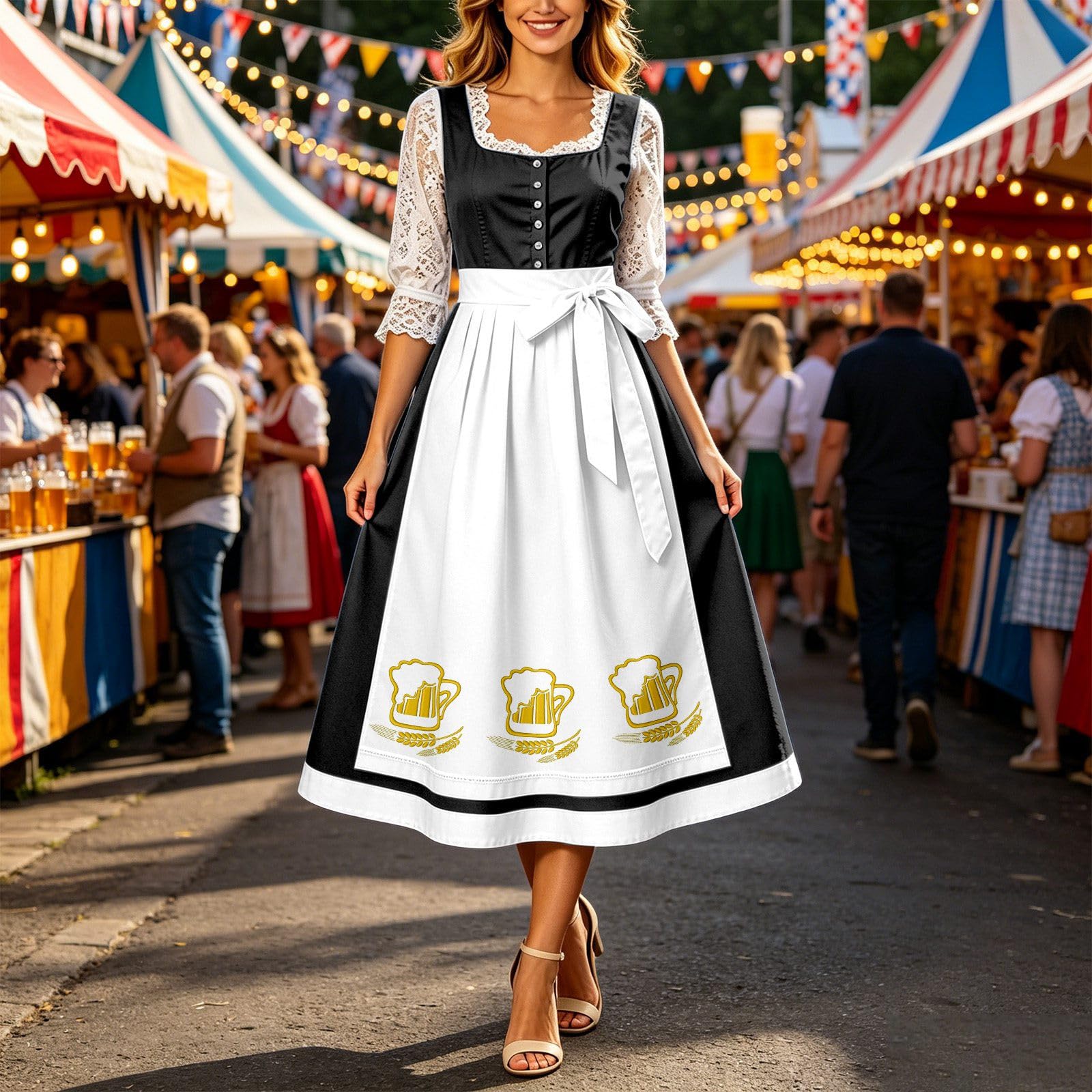 Oktoberfest Damen Outfit,Oktoberfestkleid Korsett SchnüRung LangäRmelig Mit SchüRze