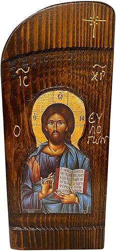 Icono de madera ortodoxa griega griega hecha a mano de Jesucristo bendición (26 X 4.3 in o 10,2 X 4,3 in) Madera maciza