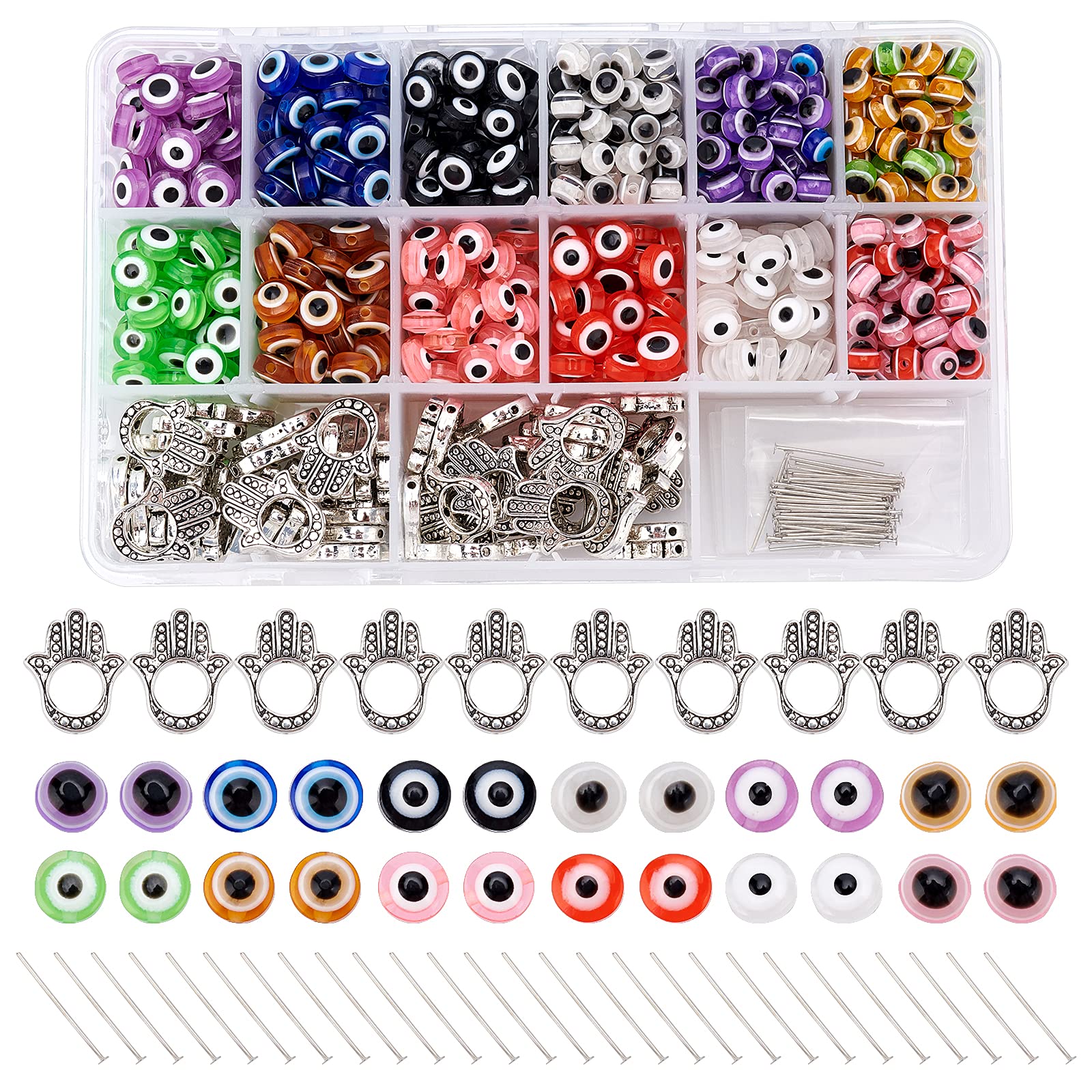 NBEADS Juego de 820 cuentas de mal ojo, 400 cuentas planas para el mal de ojo, 320 cuentas redondas de mal ojo, 50 piezas de mano de Hamsa y 50 pasadores de cabeza plana de latón para hacer joyas