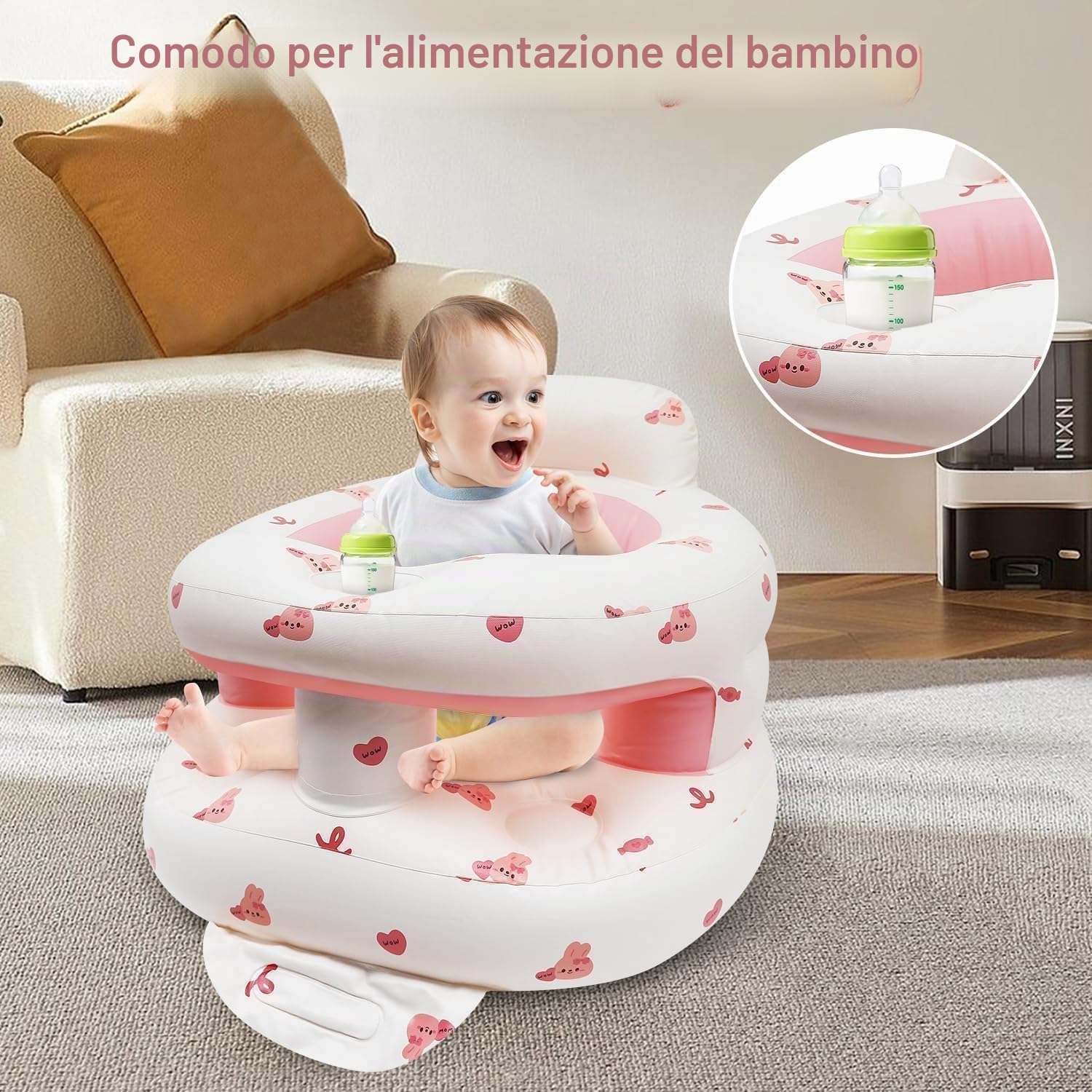 Seggiolino Gonfiabile Neonato di 3-36 Mesi di, Sedia Gonfiabile per Bebè a Pieghevole con Pompa Integrata, Supporto per Seduta per Bimbi Piccoli (Coniglio)