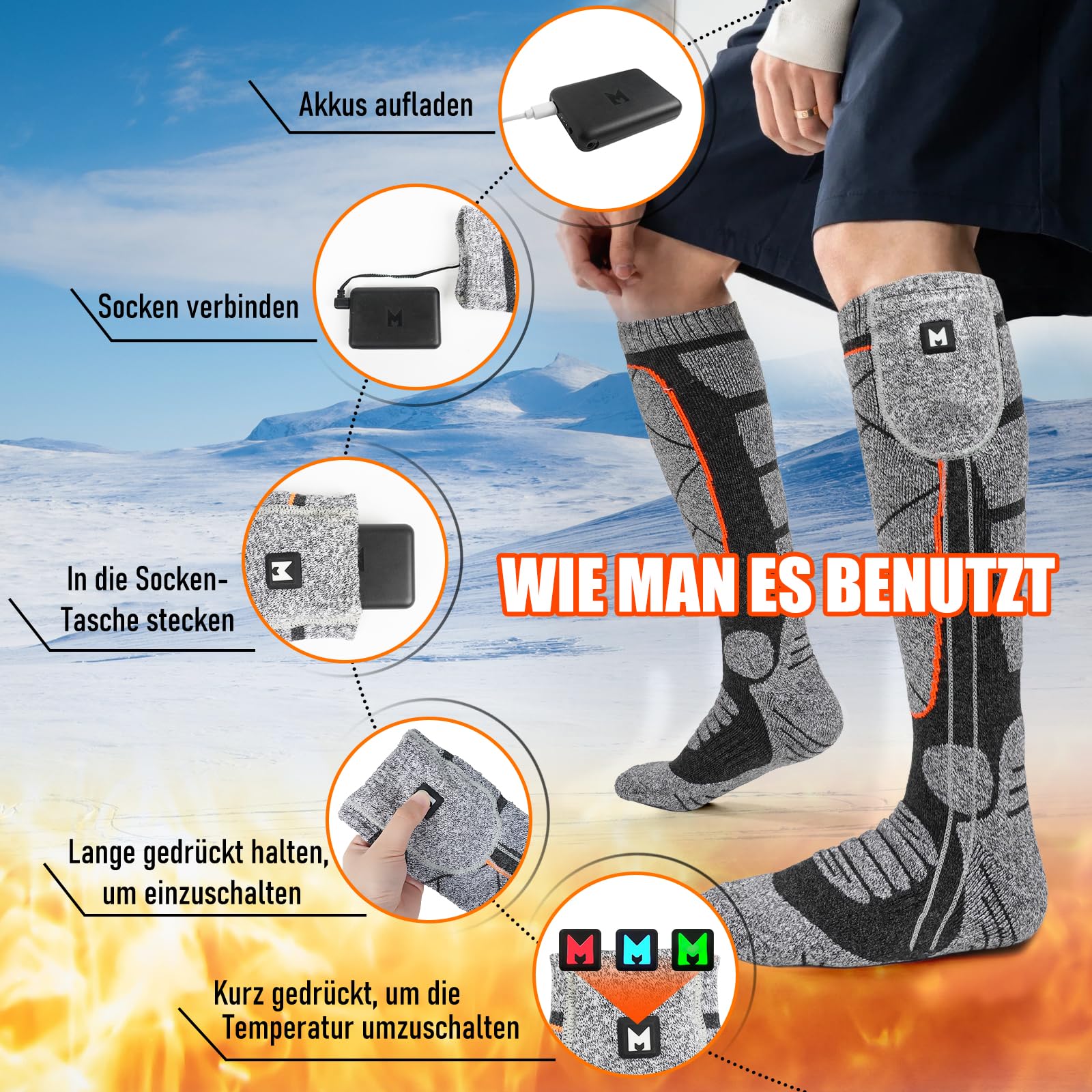 Beheizbare Socken, 6000mAh Akku Heizsocken, Elektrisch Beheizte Socken für Damen Herren, 3 Heizstufen Socken Beheizbar für Winter Outdoor-Sport