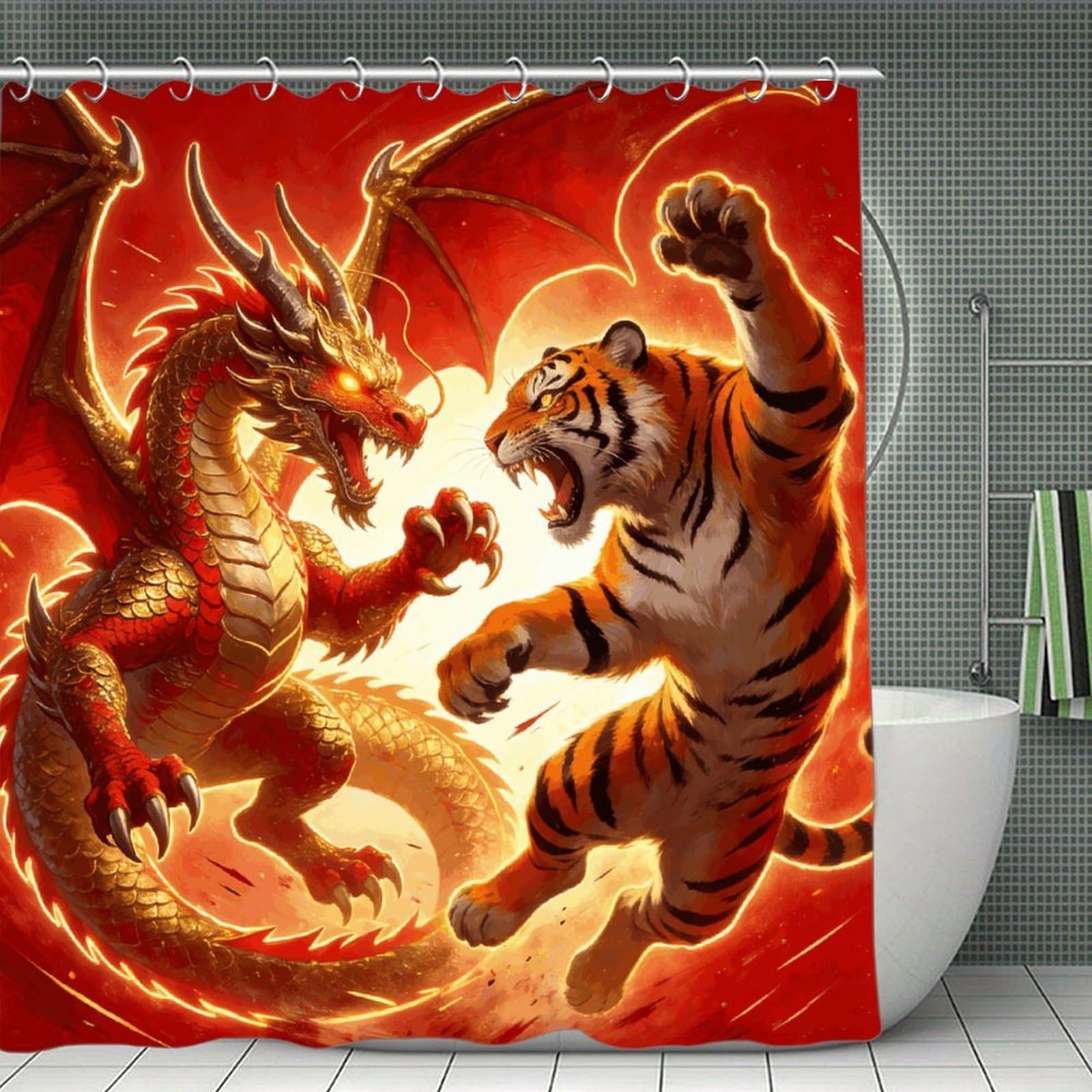 VstaDank Dragon Versus Tiger Bath Curtain Elegant Heavy Duty Shower Curtains 70x70 in Rustic Farmhouse Cloth Shower Curtains Neutral Modern Bath Curtain for Bathroom