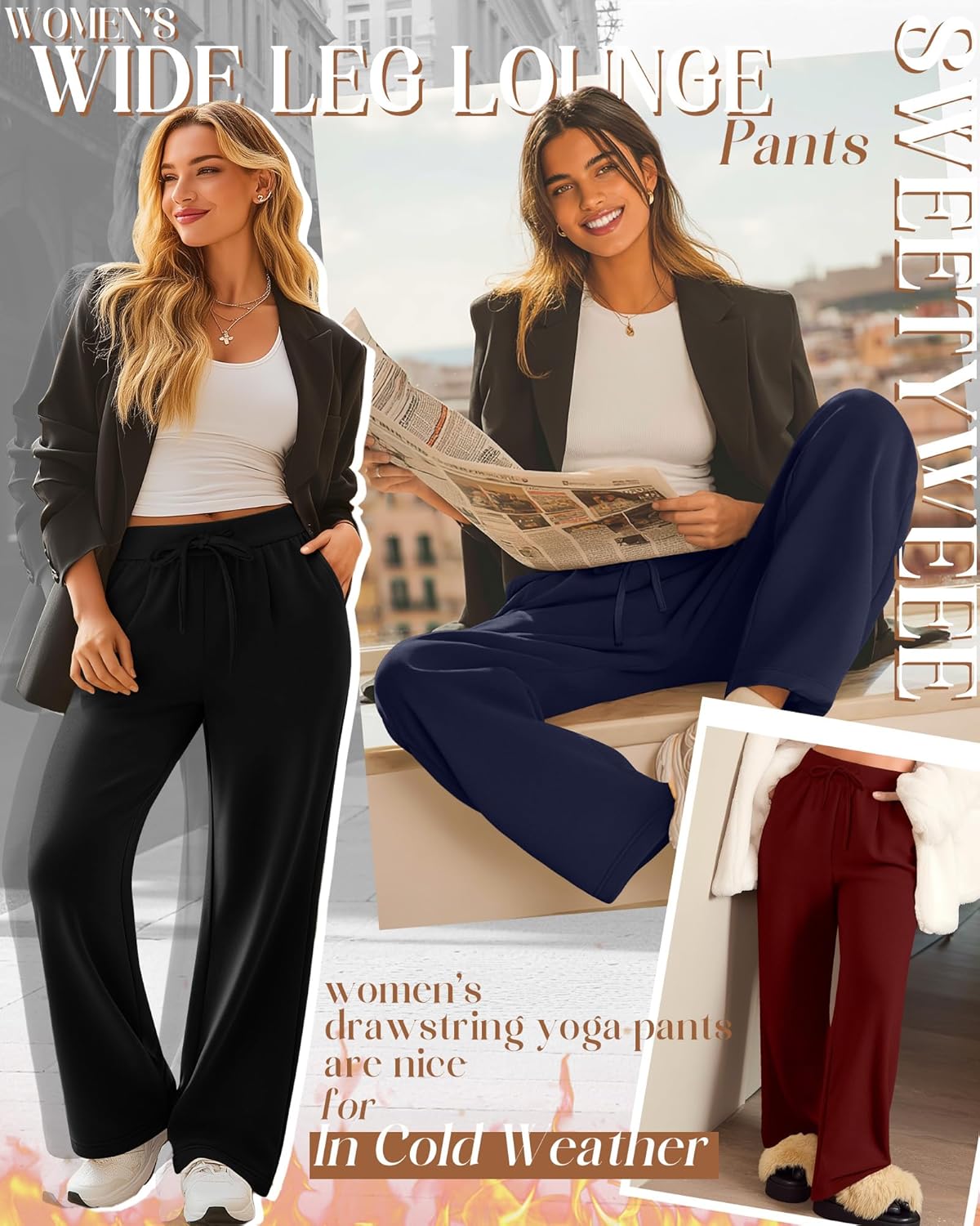 3 Pack Women's Fleece Lined Wide Leg Lounge Sweatpants Casual Thermal Drawstring Yoga Pants with Pockets - Image 3