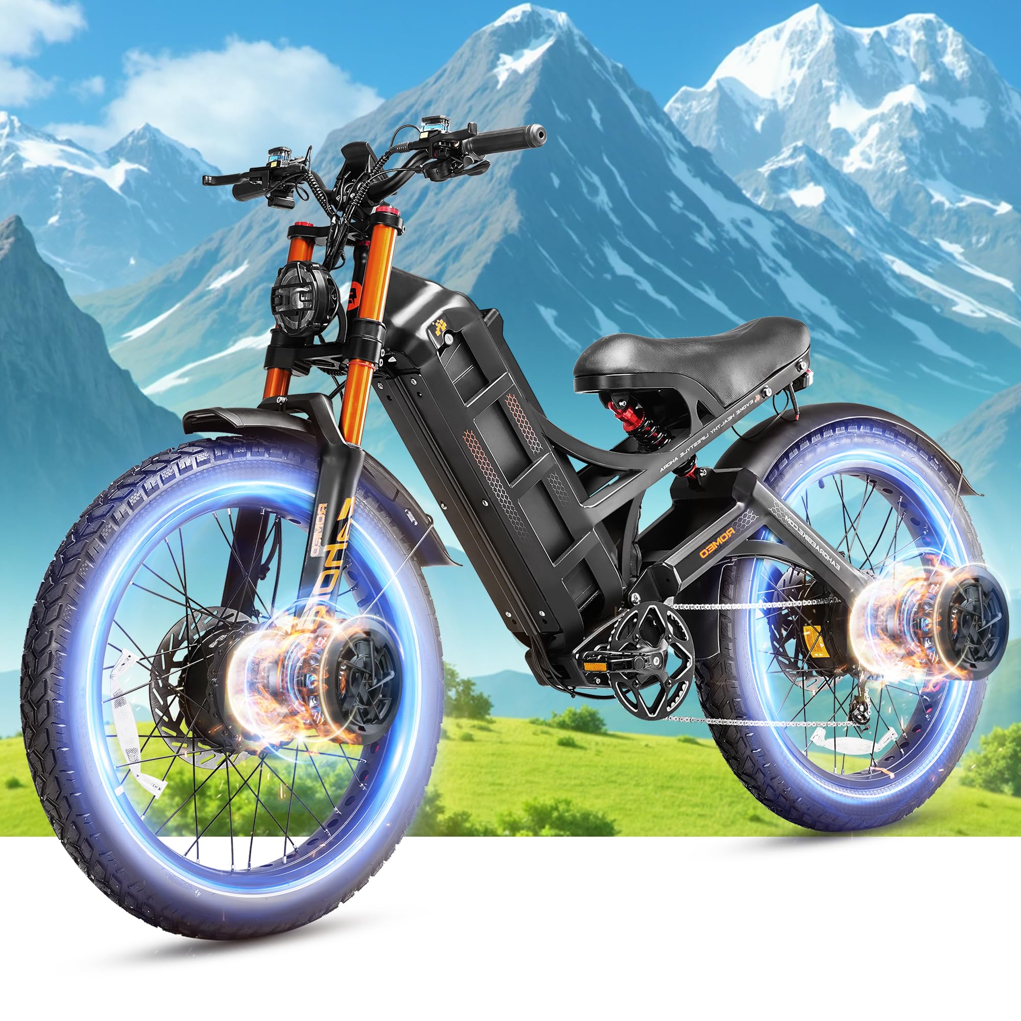 eAhora Romeo Pro 2 [2025 Version] Electric Bike for Adults, 4000W 46MPH Dual Motor Electric Bike,52V 70Ah 200+ Miles Long Range Ebike,26*4.0'' Fat Tire Electric Mountain Bike, Full Suspension& UL2849