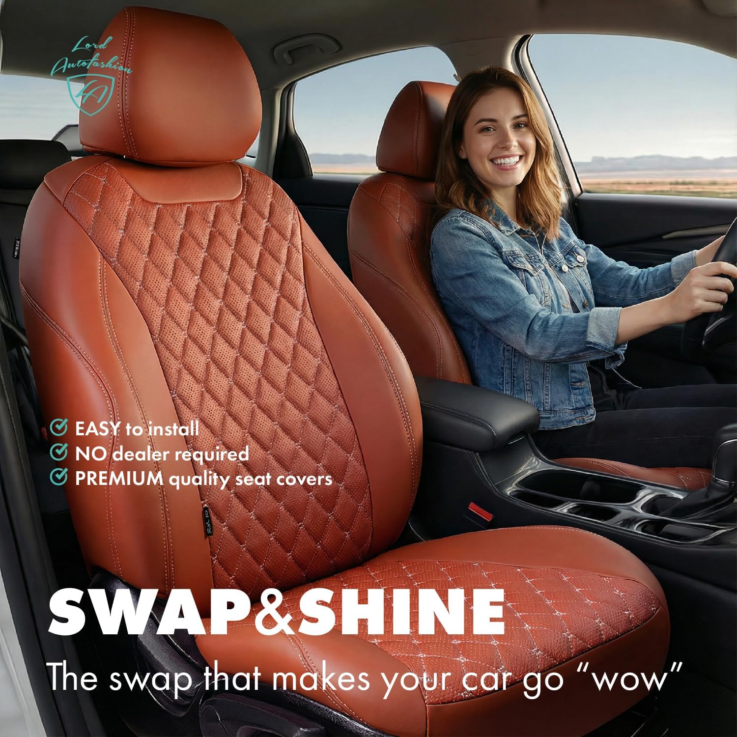 Lord AutoFashion Toyota Tacoma Seat Covers 2016-2023 Byron Classic Diamond Custom Fit Waterproof Eco Leather 3D Design Airbag Compatible Full Set Front Rear Truck Seat Protector Easy Install - Brown