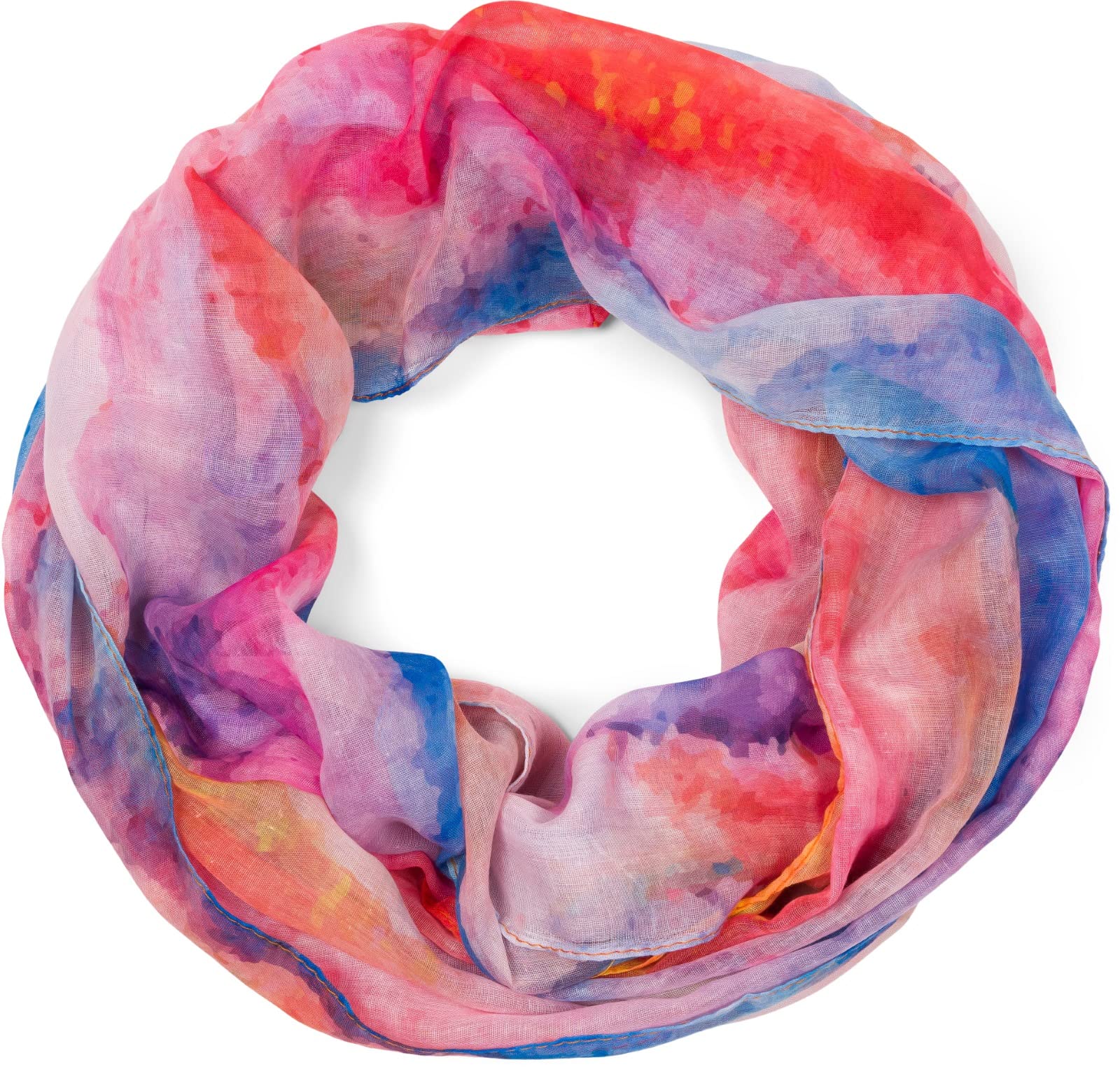 Stylebreaker Women's Orange/Red/Blue Loop Scarf With Colourful Watercolour Gradient Pattern, Lightweight Summery Tube Scarf Multi-Colou 01016220, Colour: