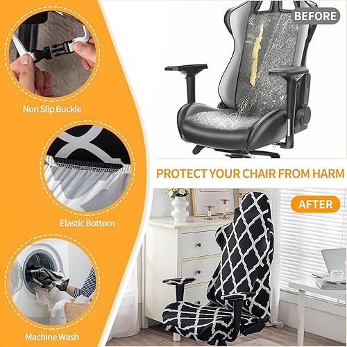 Miniatura 6 de Funda para silla de juegos, patrón geométrico, tela elástica elástica, lavable a máquina, tela antiarañazos elástica, escritorio de oficina, ajuste