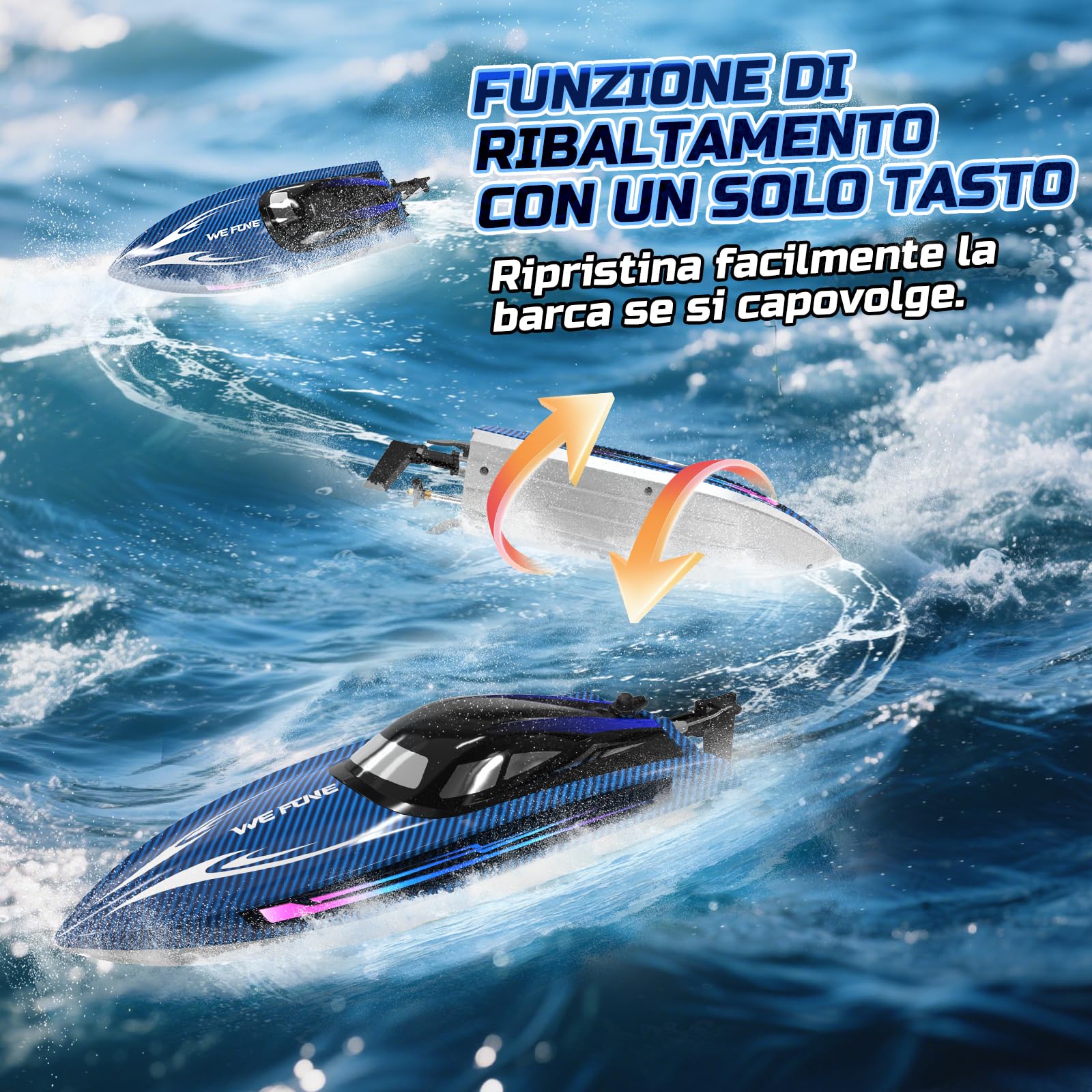 WeFone Barca telecomandata per adulti, 25+ KMH Fast RC Speed Boat con luce LED per bambini, Demo, WF17 Ideale per piscine e laghi giocattolo, 2 batterie ricaricabili per 30-40 minuti (blu)