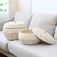 Vista 4 de Sea Team Cesta de almacenamiento redonda de cuerda de algodón con tapa, cesta de almacenamiento tejida con pompones de arcoíris coloridos, maceta