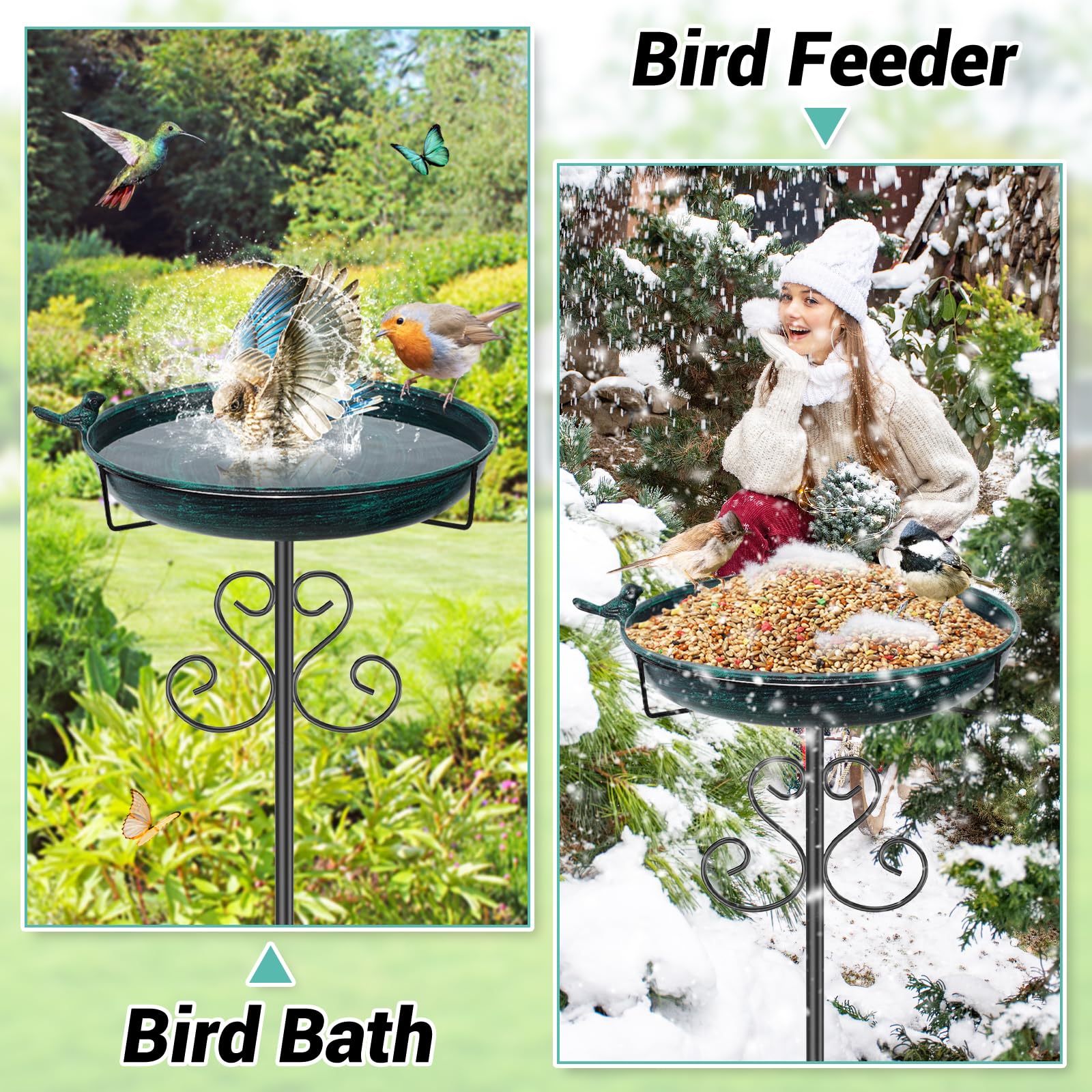 Metall Vogeltränke Stehend, 103cm Vintage Stehend Vogelbecken Schüssel mit Vogel Statue, Groß Wildvogeltränken Wassertränke Winterfest Futter für Draußen Garten (Vintage Grün)