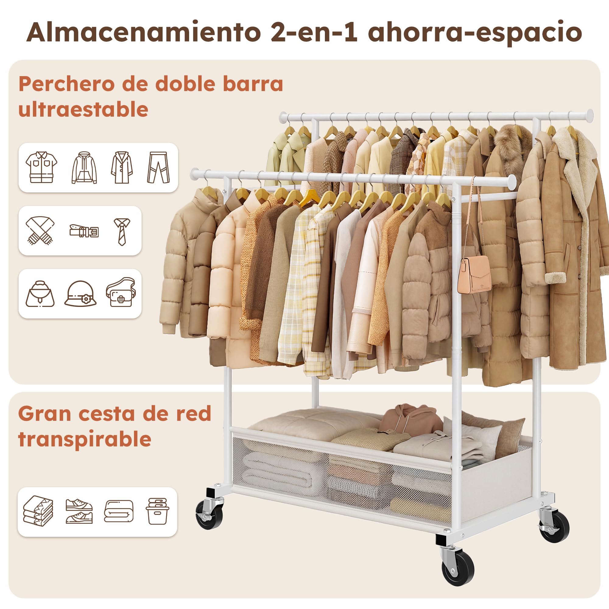 110cm Doble Perchero Burro Ropa con Ruedas con 48L Cesto Ropa Sucia | 110kg Capacidad de Carga, Metal Burro Ropa para Abrigos, Camisas, Zapatos, Gorros,Dormitorio,Residencia, Blanco