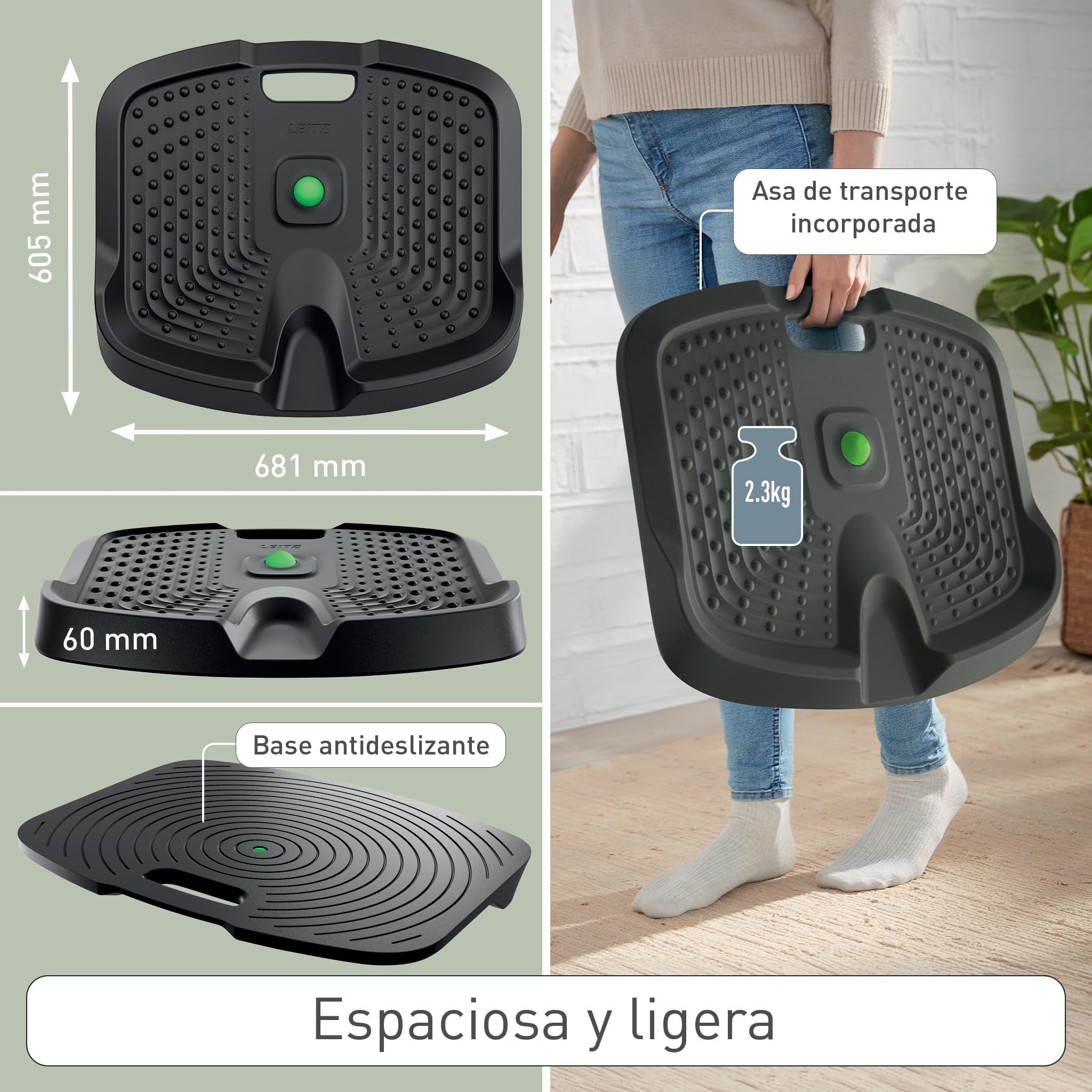 Leitz Ergo Alfombrilla Ergonómica Antifatiga para Escritorio de Pie – Espuma de PU, Fácil Limpieza, Bola de Masaje Extraíble para Alivio de Tensión Postural