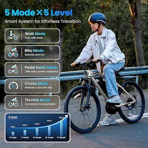 Miniatura 7 de Bicicletas eléctricas de 21 velocidades para adultos, pico de 750 W y 26 pulgadas, 70 millas 20 MPH, batería extraíble de 500 Wh, freno doble,