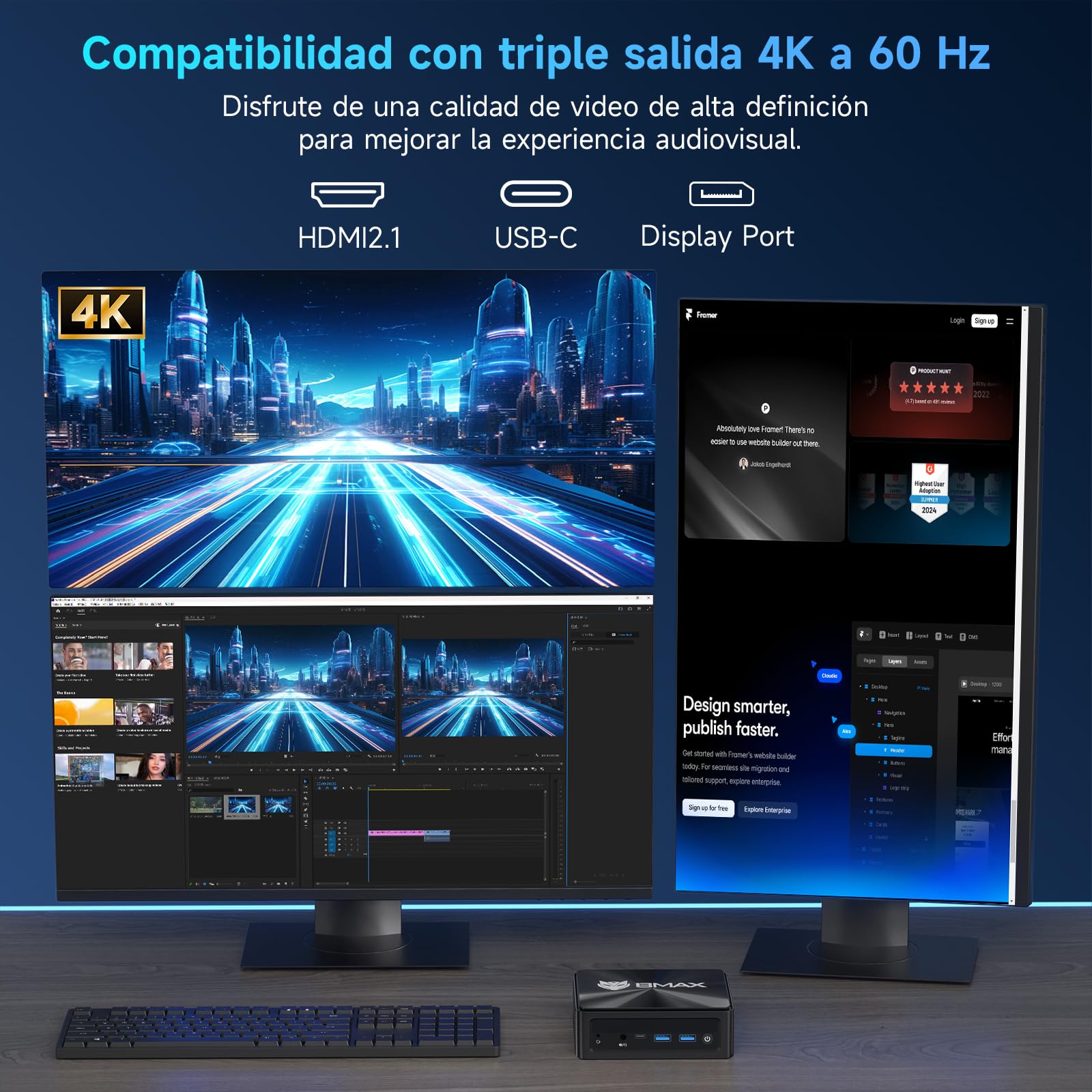 BMAX Mini PC B9Power Intel Core i9 12900H (14C/20T, 5,0 GHz), 24 GB RAM DDR5 + 1 TB SSD NVMe, Mini Ordenador de sobremesa, Triple visualización 4K@60Hz, WiFi 6, Bluetooth 5.2, Type-C, USB*4, DP 1.4a — view 4