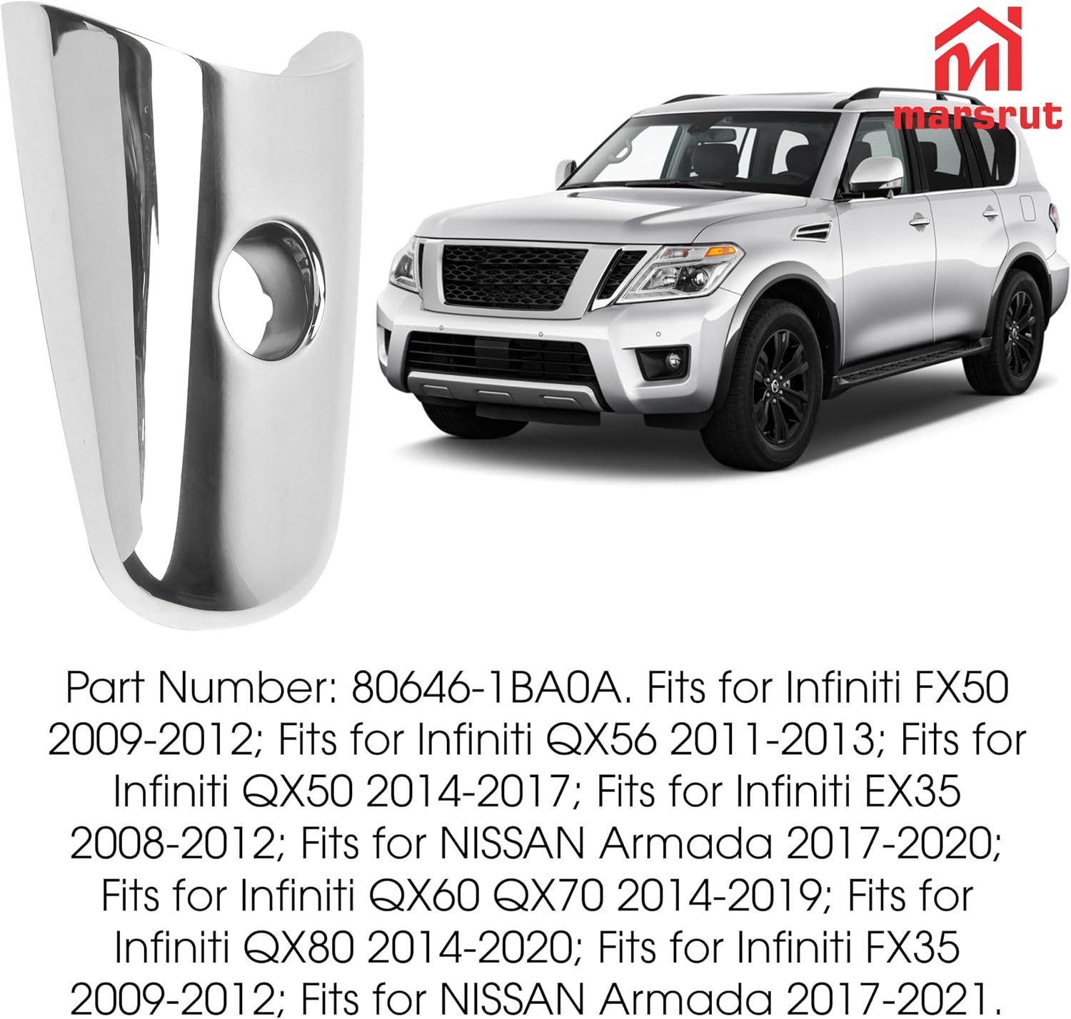 Door Handle Cover Fit for NISSAN Armada 2017-2020 80646-1BA0A for Infiniti QX60 QX70 QX80 2014-2019 EX35 FX35 FX50 QX50 QX56, Left Driver Front Outside Exterior Car Door Handle Escutcheon with Keyhole