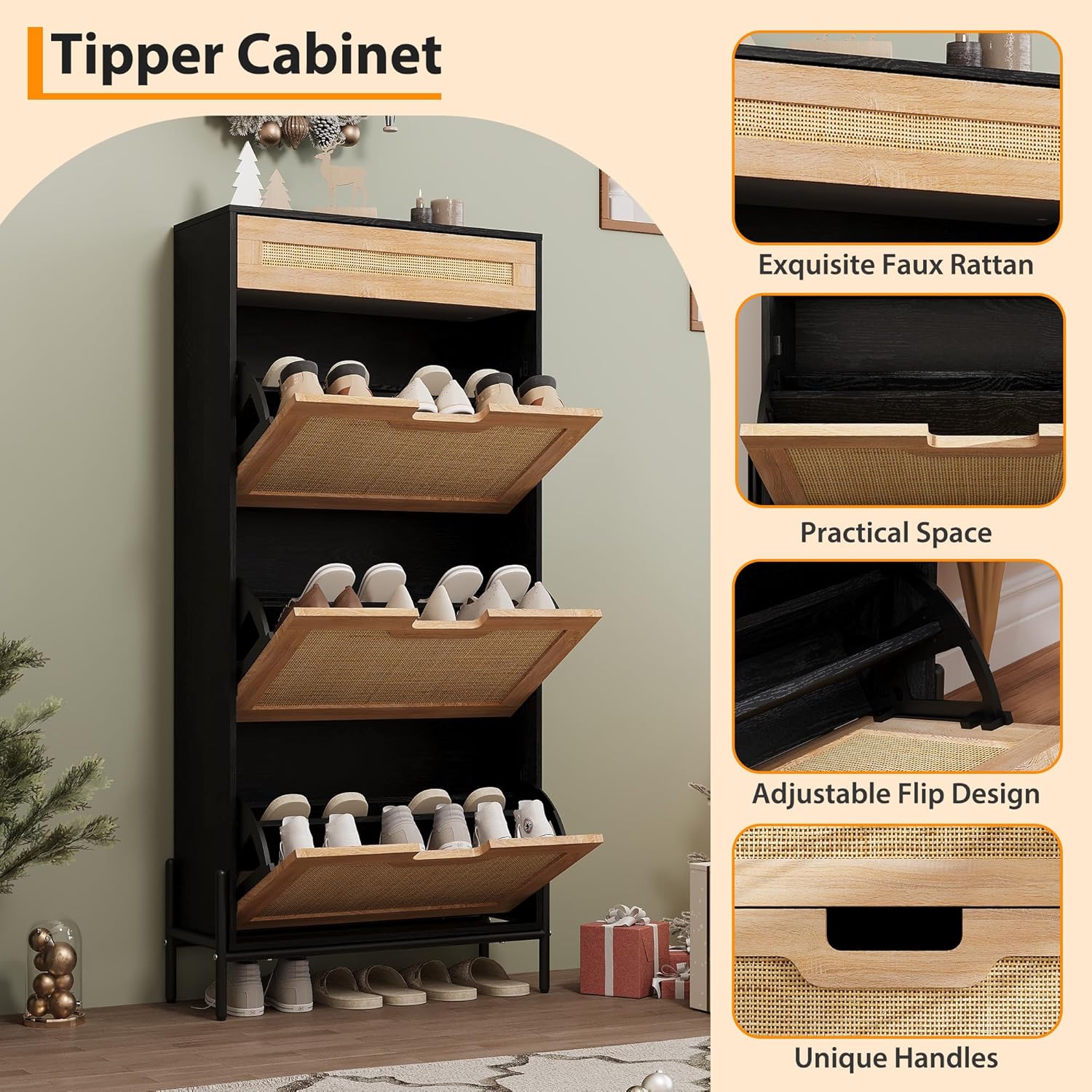 Natural Rattan Shoe Cabinet with 3 Flip Doors and 1 Drawer, Narrow Shoe Rack with Adjustable Shelf, Freestanding Shoe Storage Organizer for Entryway, Hallway, White and Oak
