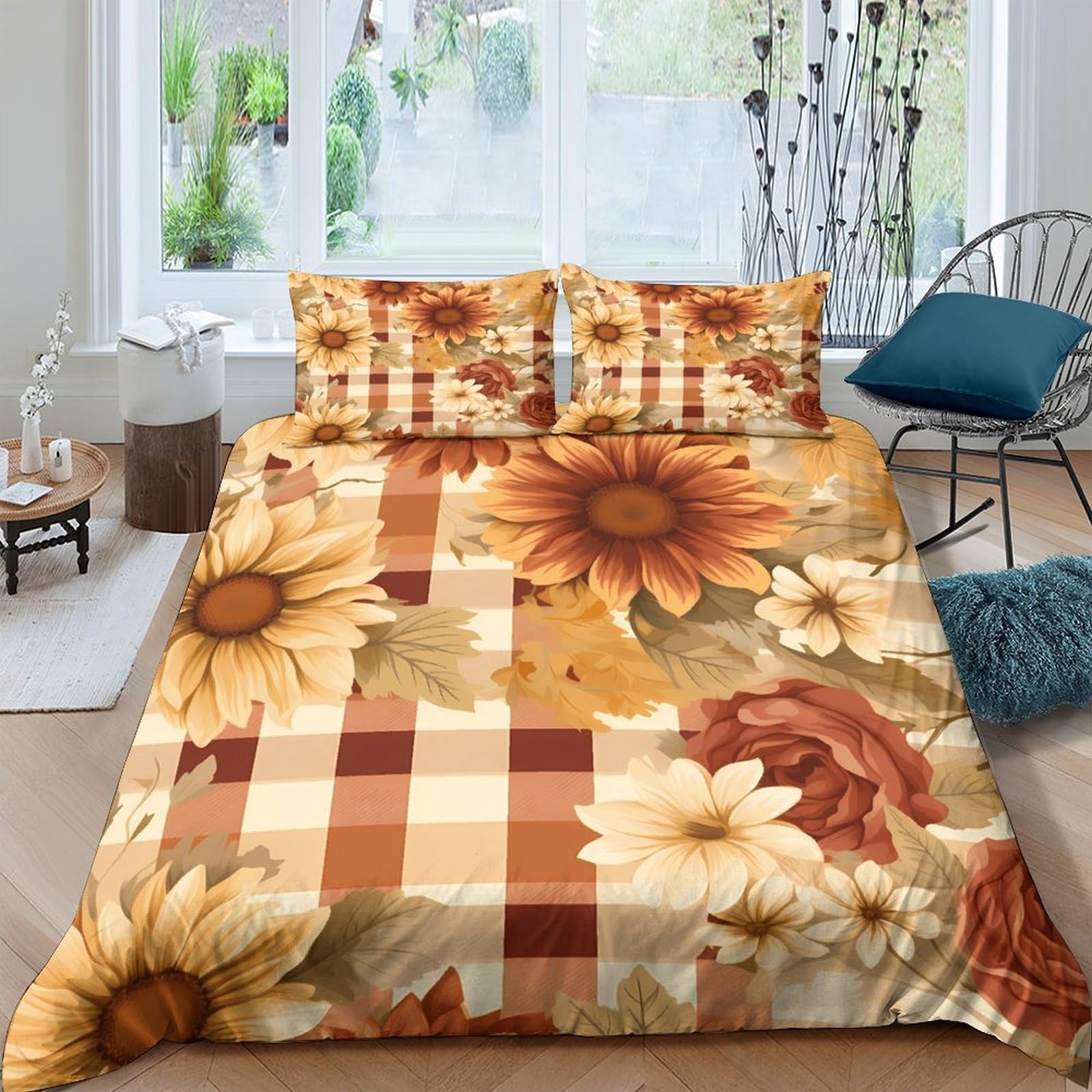 Ctjqhvkz Style-9 3D Printed Sunflower Plaid Fitted Sheet Microfiber Soft Floral Bed Cover For Bedroom Guestroom Protection Decor Single（135X200cm）